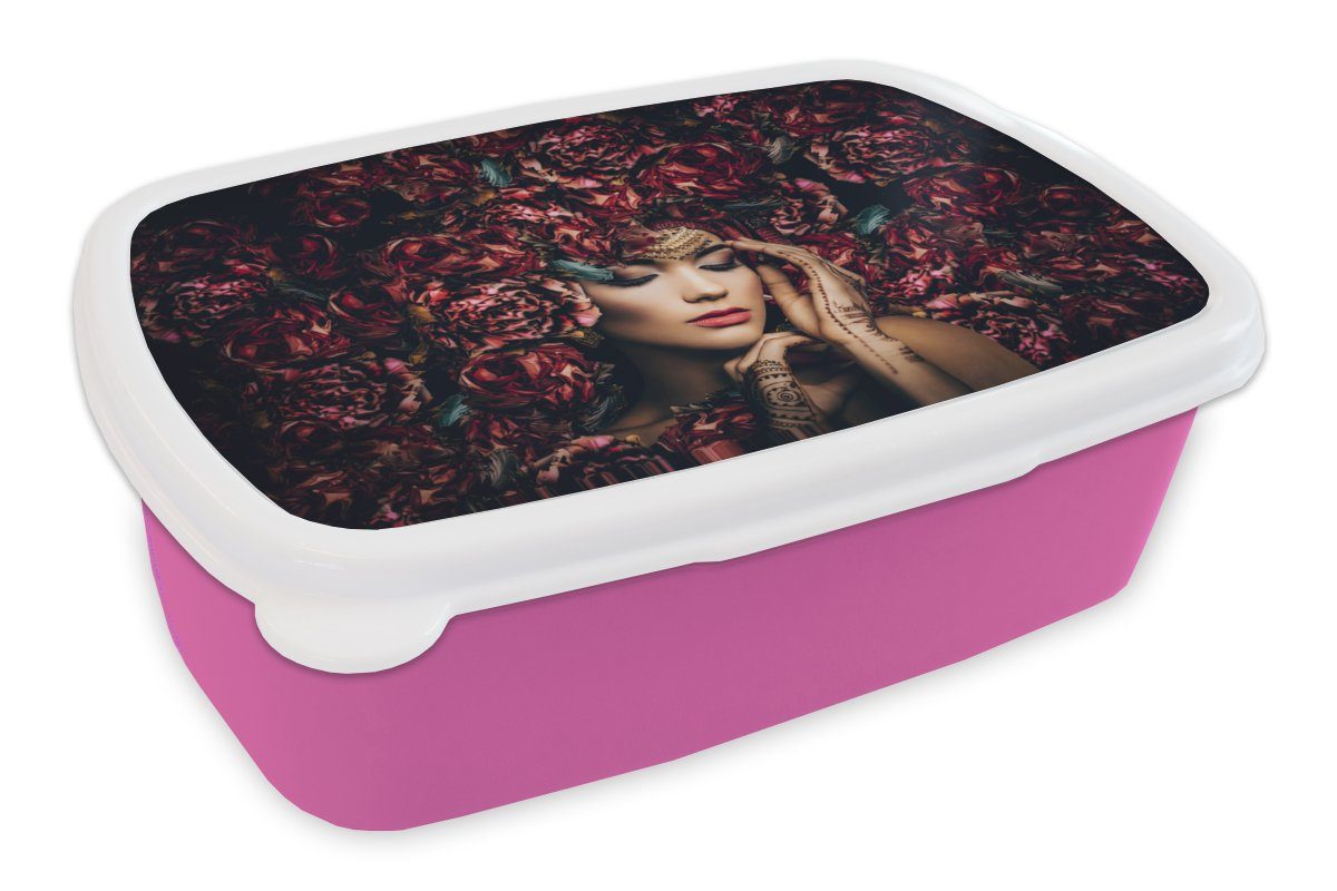 Lunchbox Kunststoff Snackbox, Mädchen, (2-tlg), Brotbox Porträt, Henna - Kinder, - Blumen Erwachsene, für - MuchoWow rosa Frau Kunststoff, Brotdose