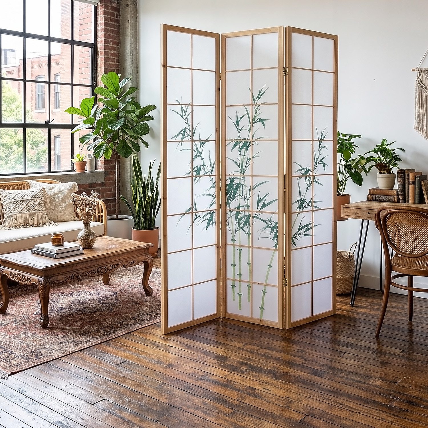 Homestyle4u Paravent Raumteiler Indoor Holz Bambus Shoji Natur Sichtschutz Muster Motiv, Trennwand, 3-teilig, faltbar