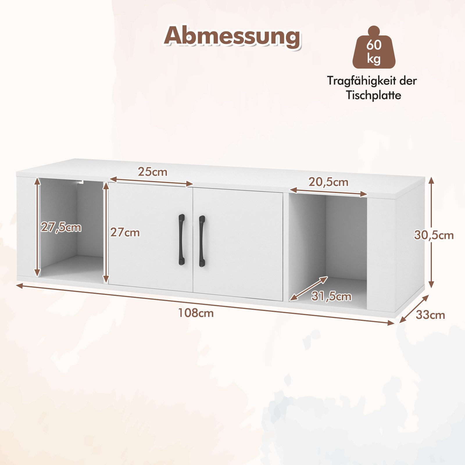 COSTWAY Hängeschrank mit 4 Fächern & 2 Türen Lowboard für Fernseher, 108cm – Bild 5 von 5