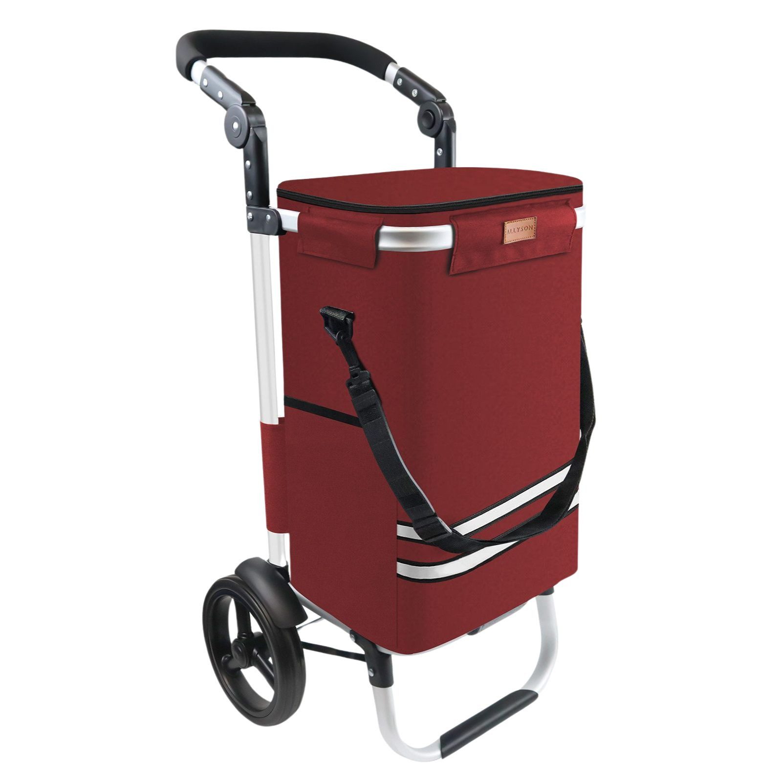 Allyson Einkaufstrolley Einkaufswagen klappbar, Einkauftrolley mit 56L Kapazität & Kühlfach, Inkl. Einkaufswagenlöser & Gurt