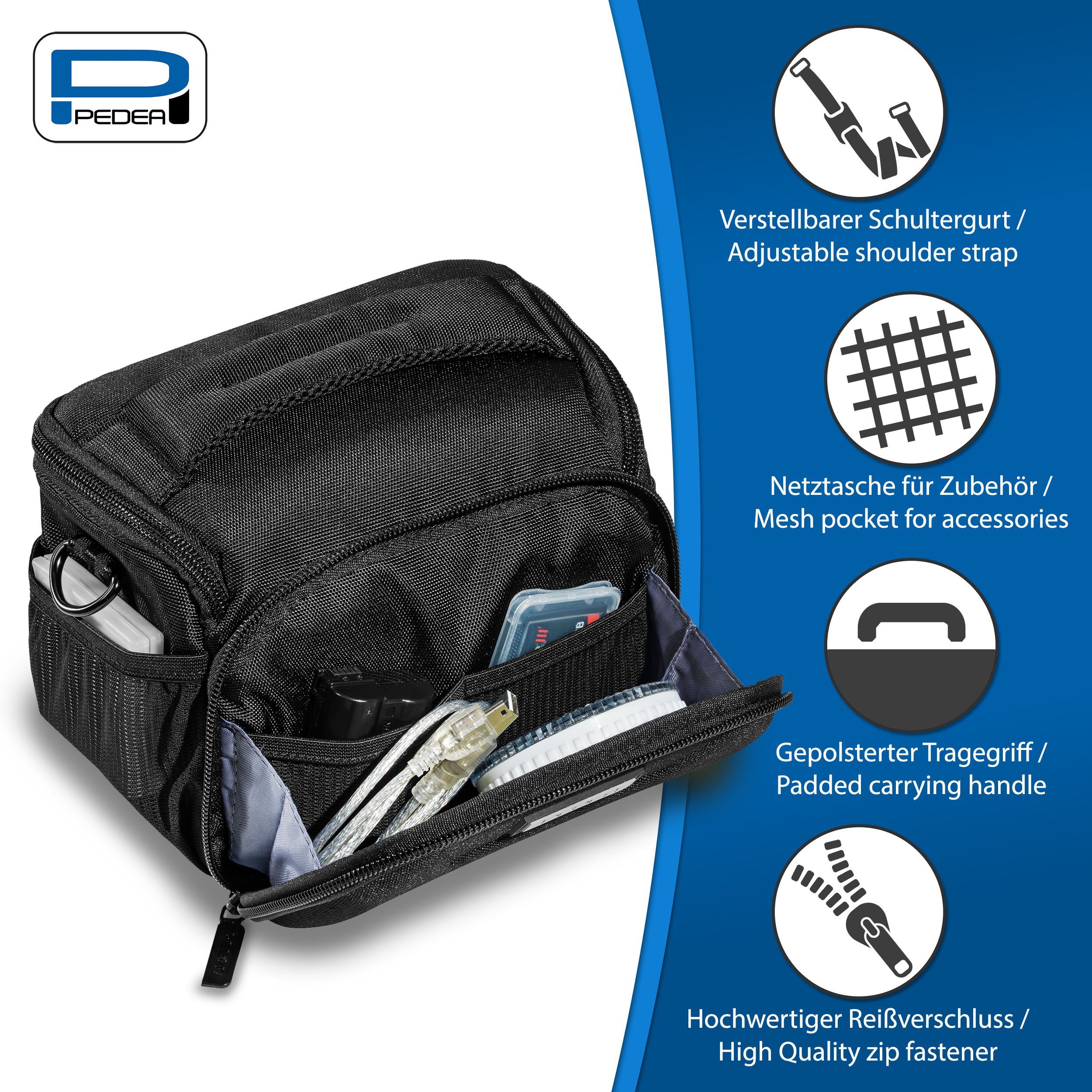 PEDEA Kameratasche GUARD Fototasche gepolstert, mit Gurt und Zubehörfächer, Regenschutz, Schultergurt, Zubehörfächer