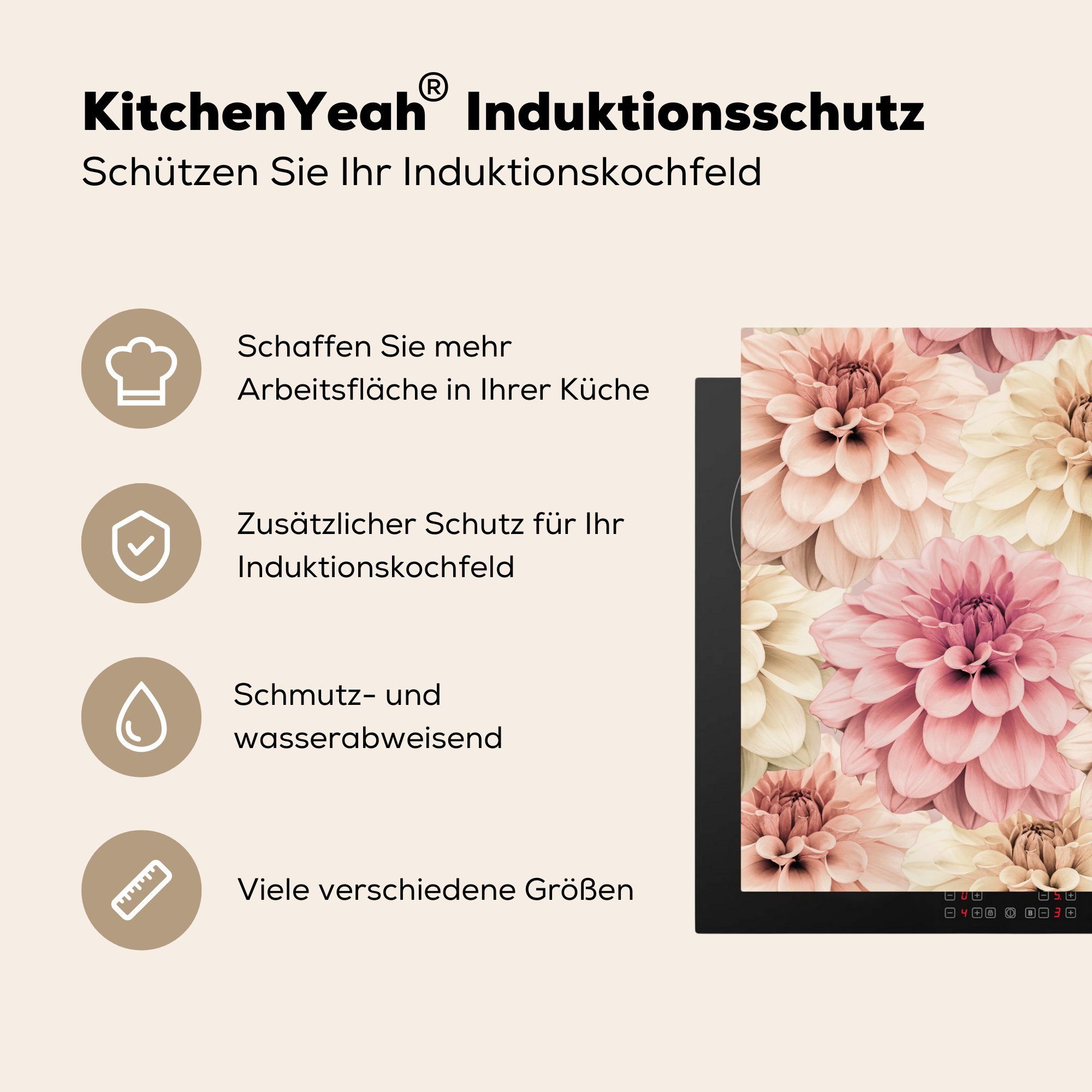 Rosa Herdblende-/Abdeckplatte Natur, - (1 - Blumen - küche Ceranfeldabdeckung, 78x78 Weiß tlg), MuchoWow cm, Arbeitsplatte für Vinyl,