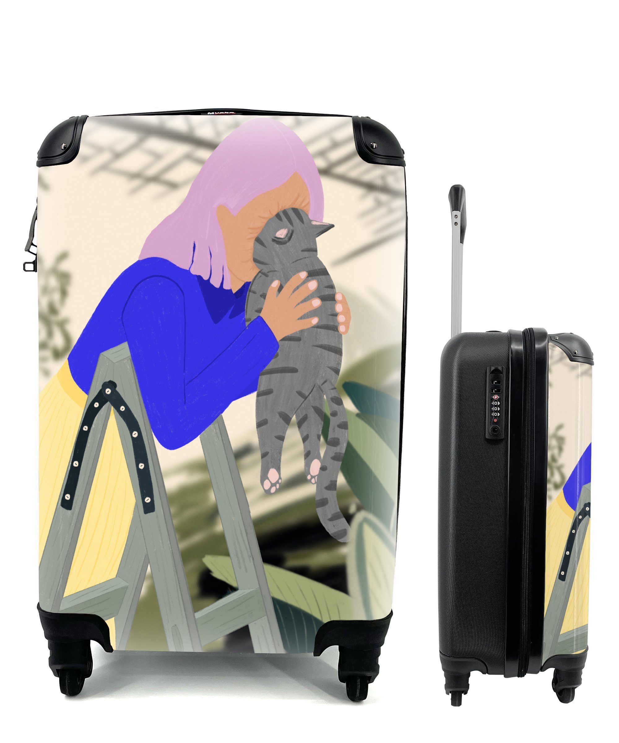 MuchoWow Handgepäckkoffer Frau - Katze - Minimalismus, 4 Rollen, Reisetasche mit rollen, Handgepäck für Ferien, Trolley, Reisekoffer