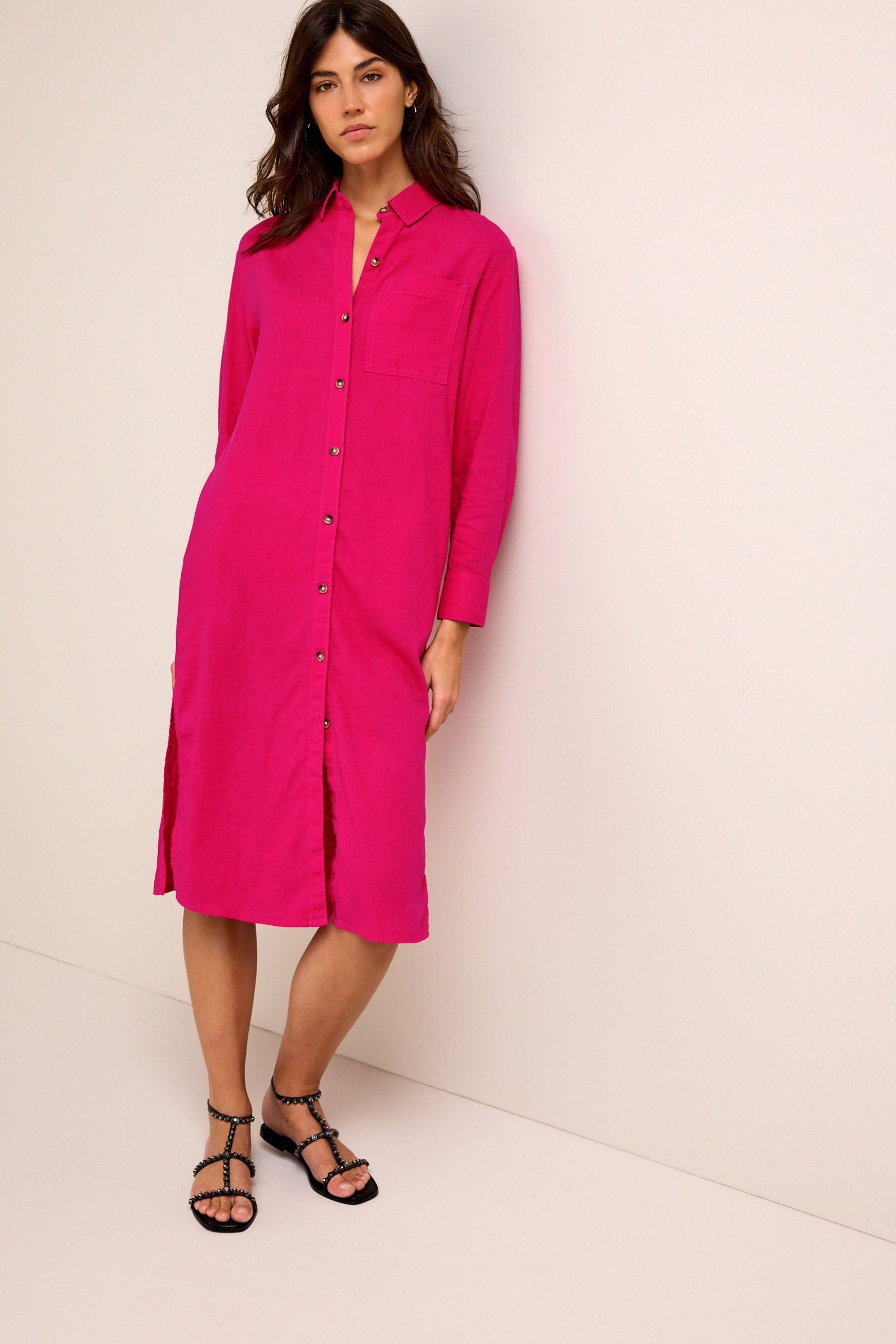 aus Blusenkleid Leinenmix Hemdkleid (1-tlg) Pink Bright Oversized Next