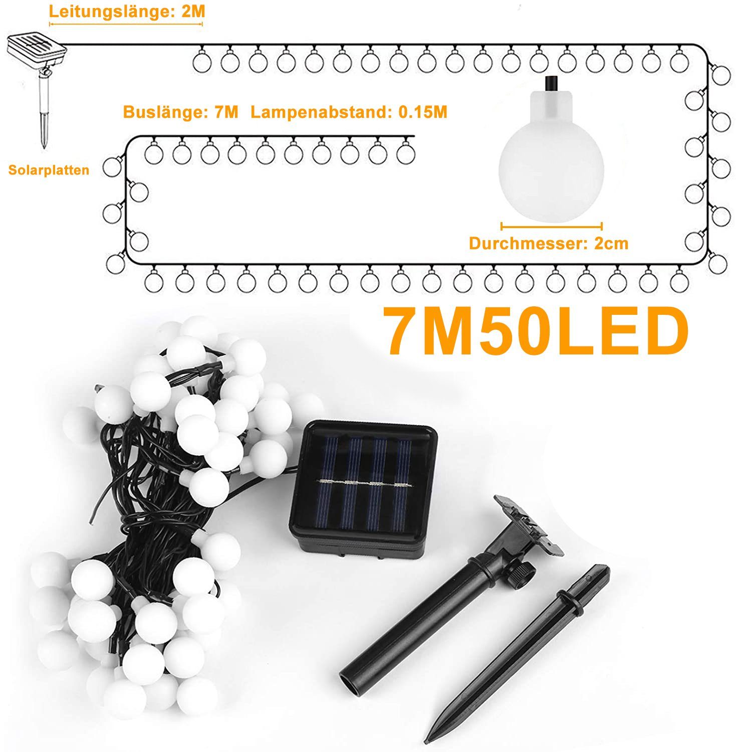 50 Kugeln Lichterkette LED-Lichterkette Lichterkette Solar 7M Aussen LED, Oneid Solar Außen