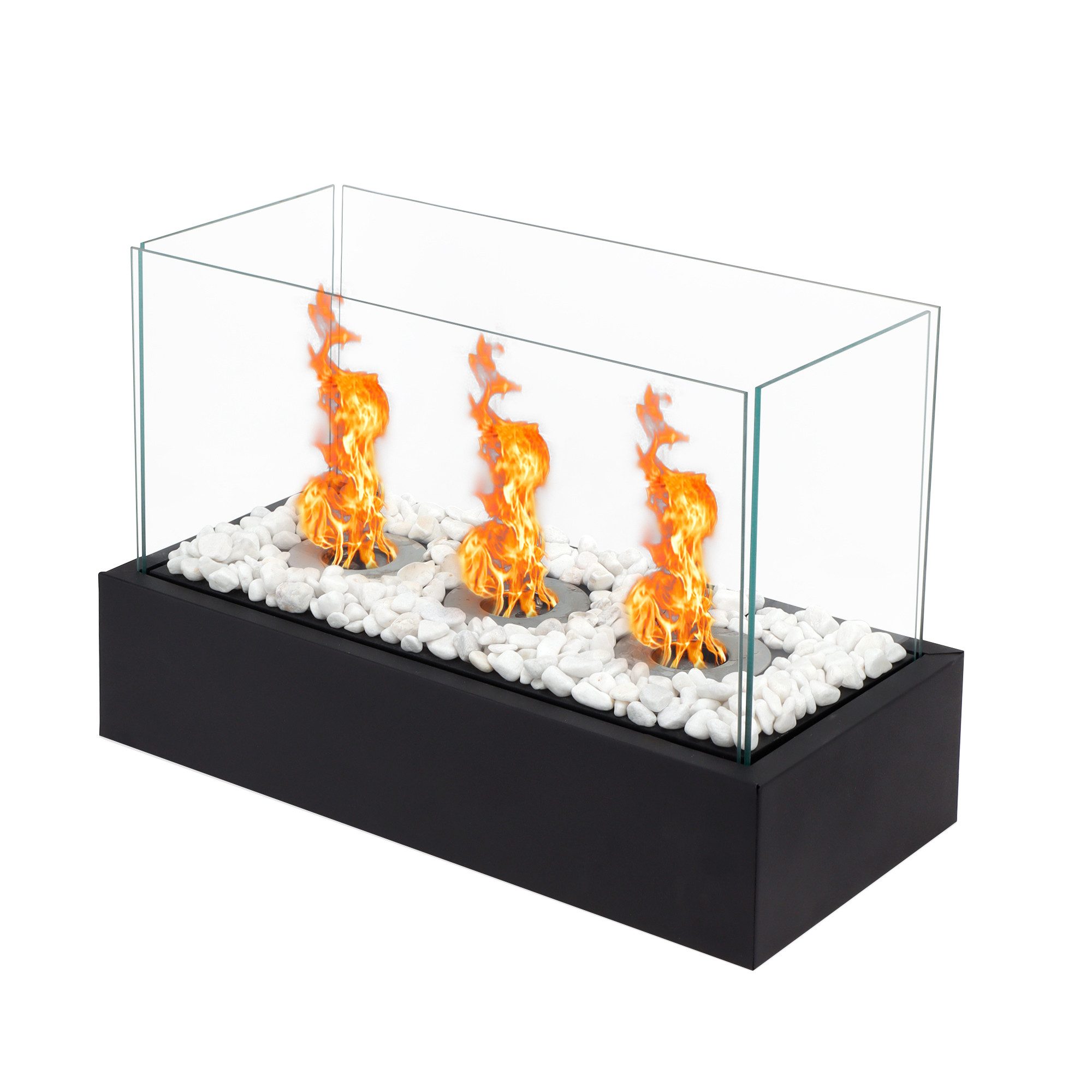 JHY DESIGN Feuerschale 29cm Hoch Tisch-Feuerschale Tisch-Kami Windlichter aus Metall & Glas, (1-St), für Innen und Außenbereich Terrasse Garten Schwarz