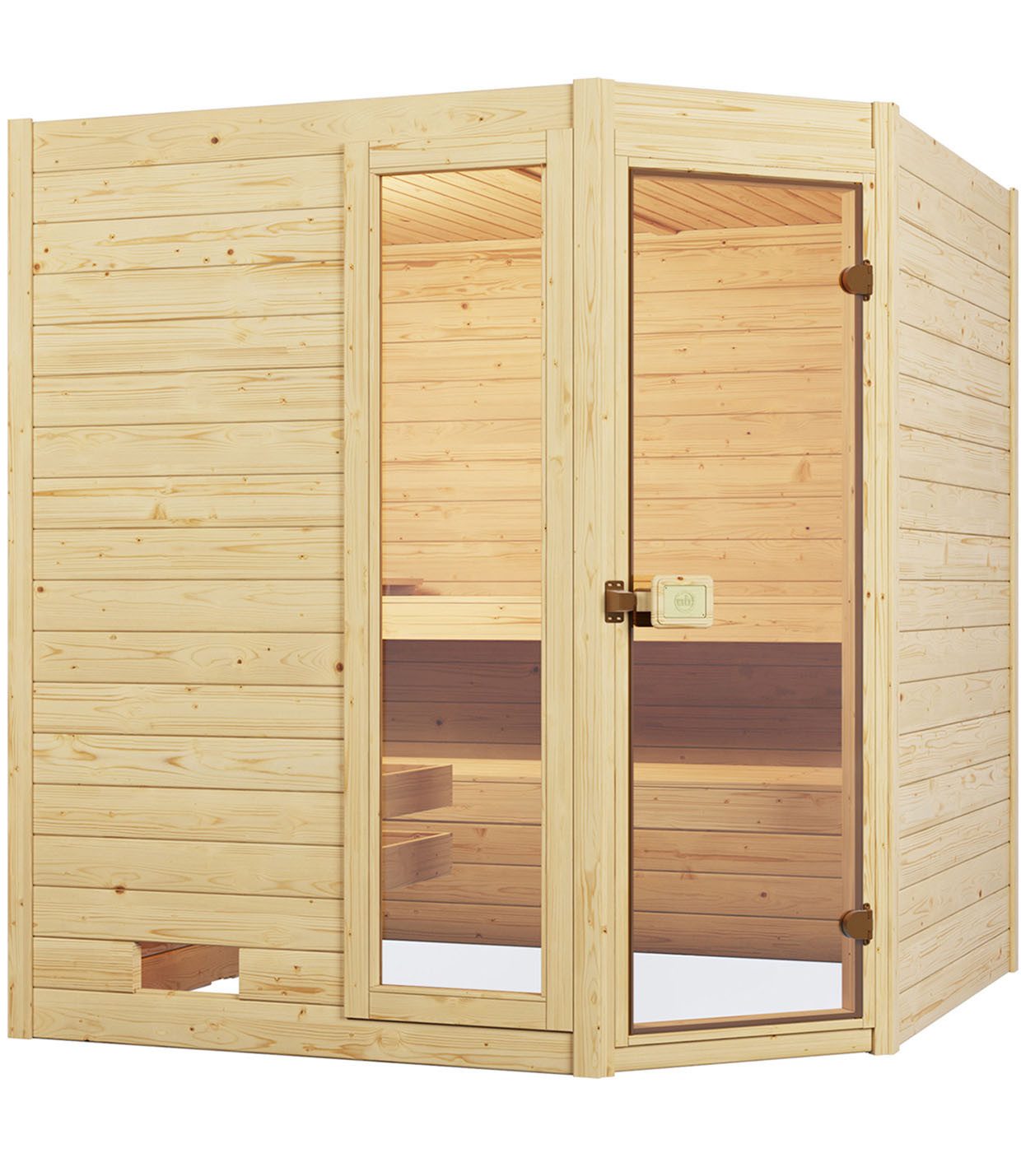 weka Sauna Massivholzsauna VALIDA Eck 2, BxTxH: 189 x 189 x 203,5 cm, 38 mm, Blockbohlen, Fensterelement, moderne Ganzglastür
