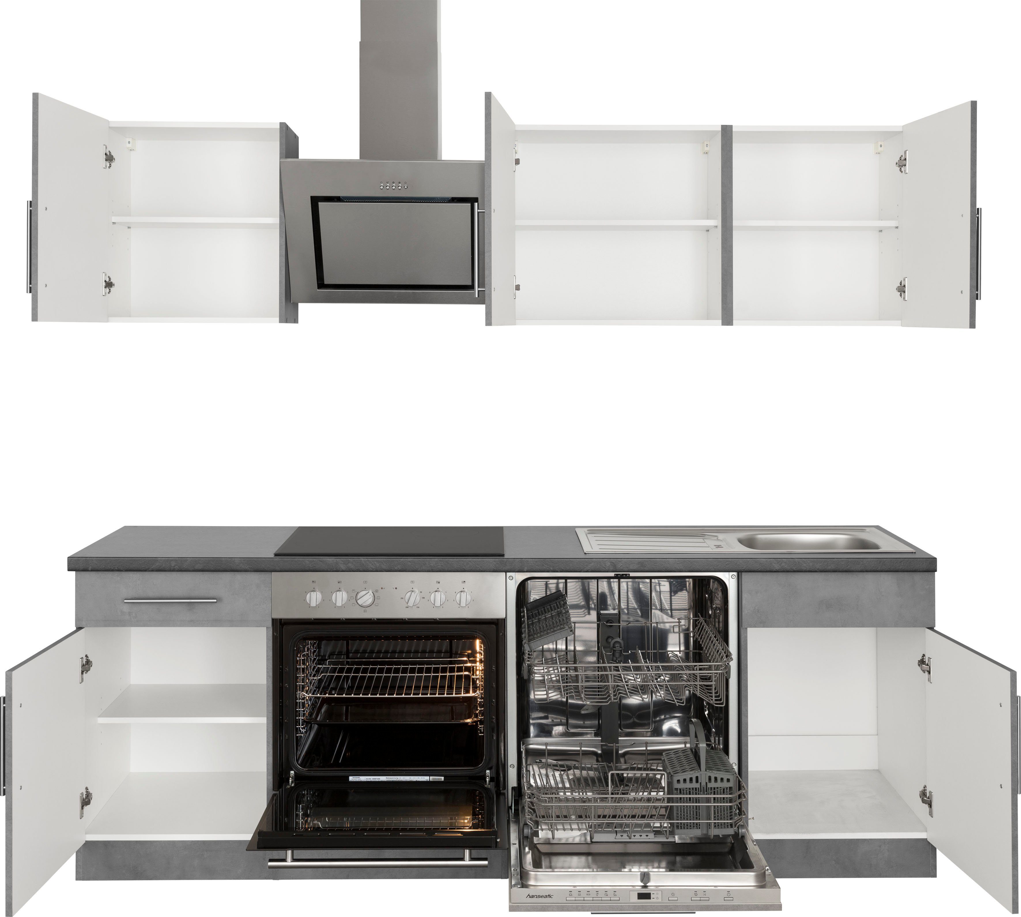 Hanseatic 220 cm Küchenzeile Granit Front: Cali, Küchen mit Arbeitsplatte: E-Geräten | mit Schwarz E-Geräten, wiho Breite Betonfarben Betonfarben,