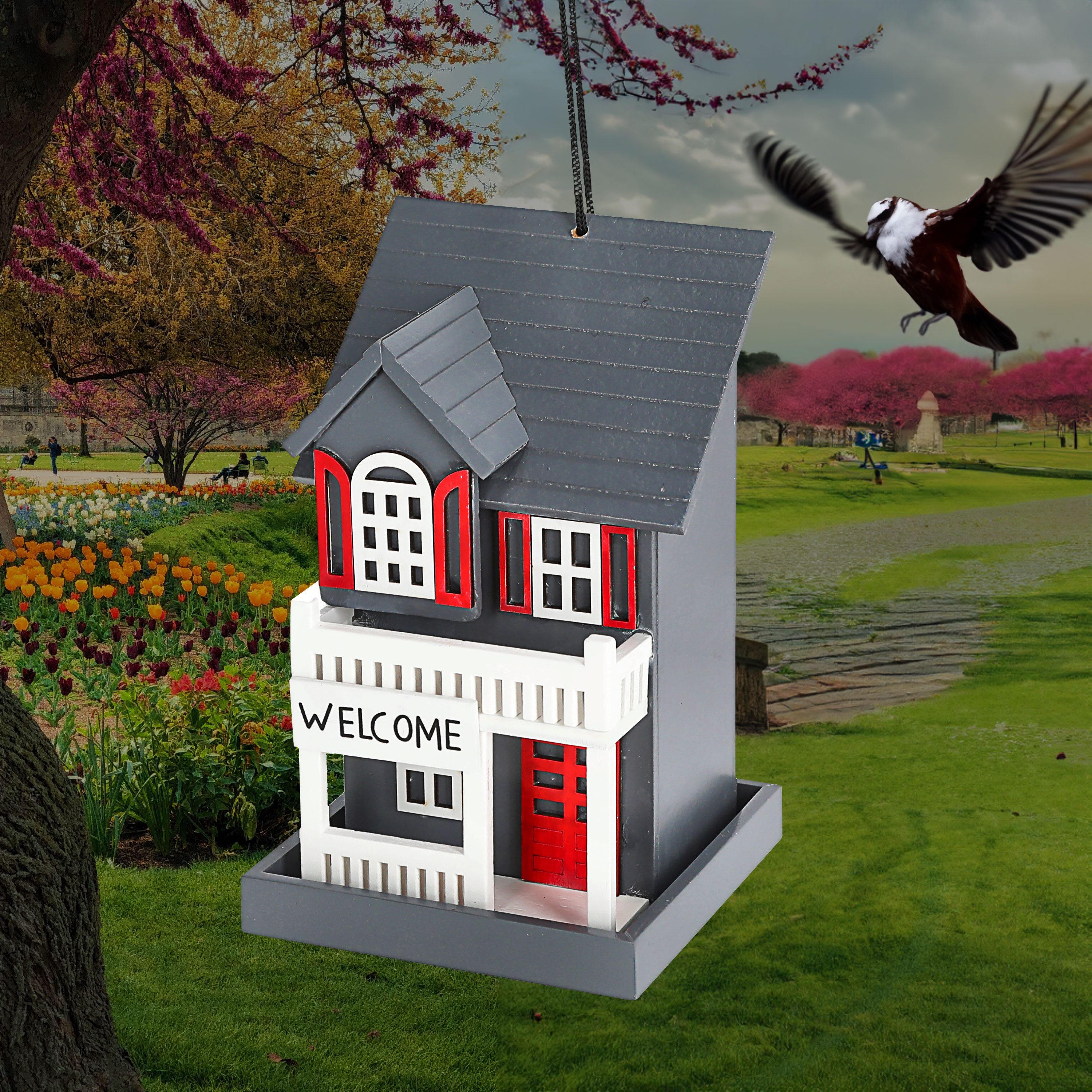 CEPEWA Vogelhaus Vogelhaus zum Aufhängen 'Welcome' 12x19cm grau rot MDF Futterstation