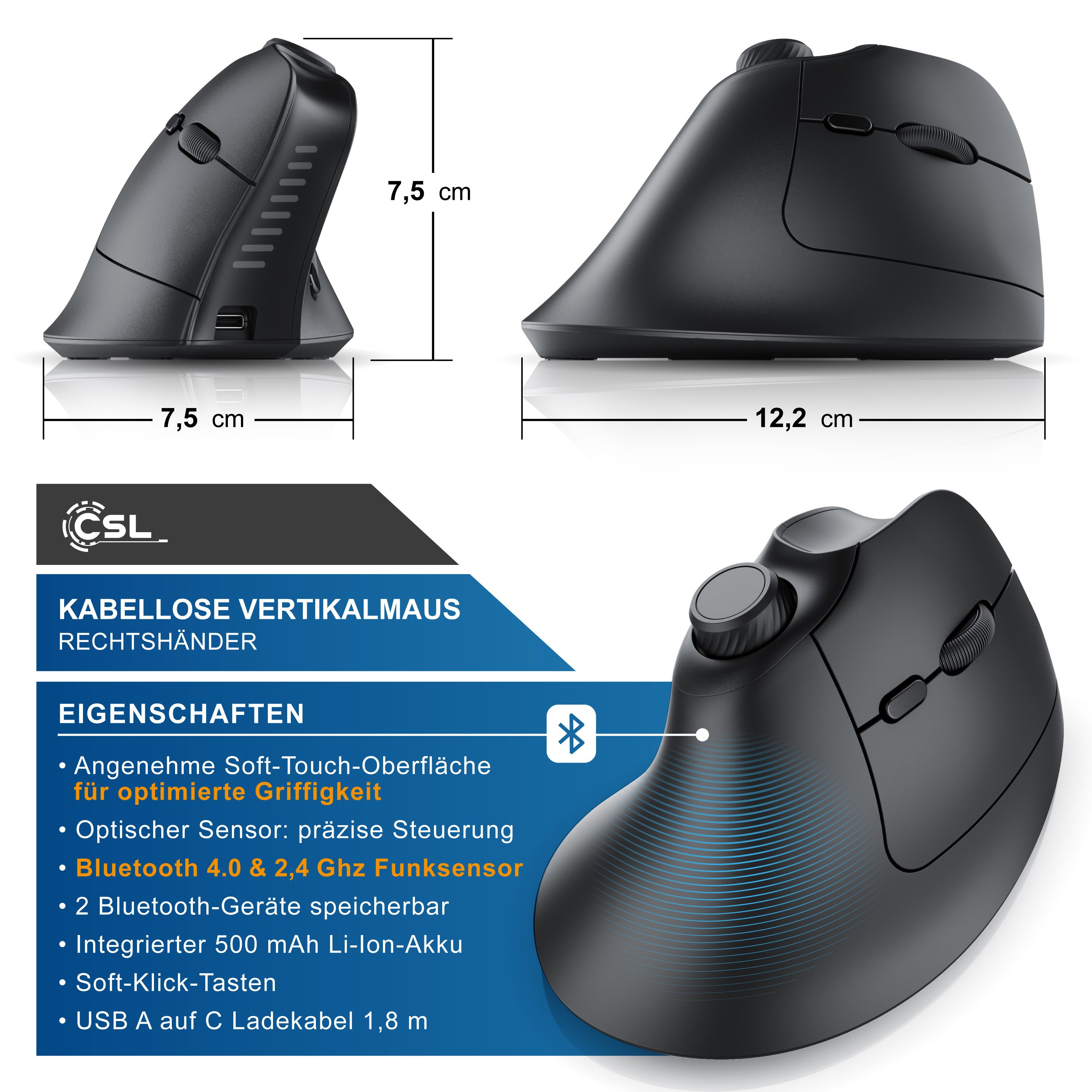 CSL kabellose Vertikalmaus, Wireless 2,4 GHz Funk & Bluetooth 4.0 ergonomische Maus (Bluetooth, Funk, 250 dpi, ergonomisches Design, gegen Mausarm Tennisarm, Multimedia-Drehregler)