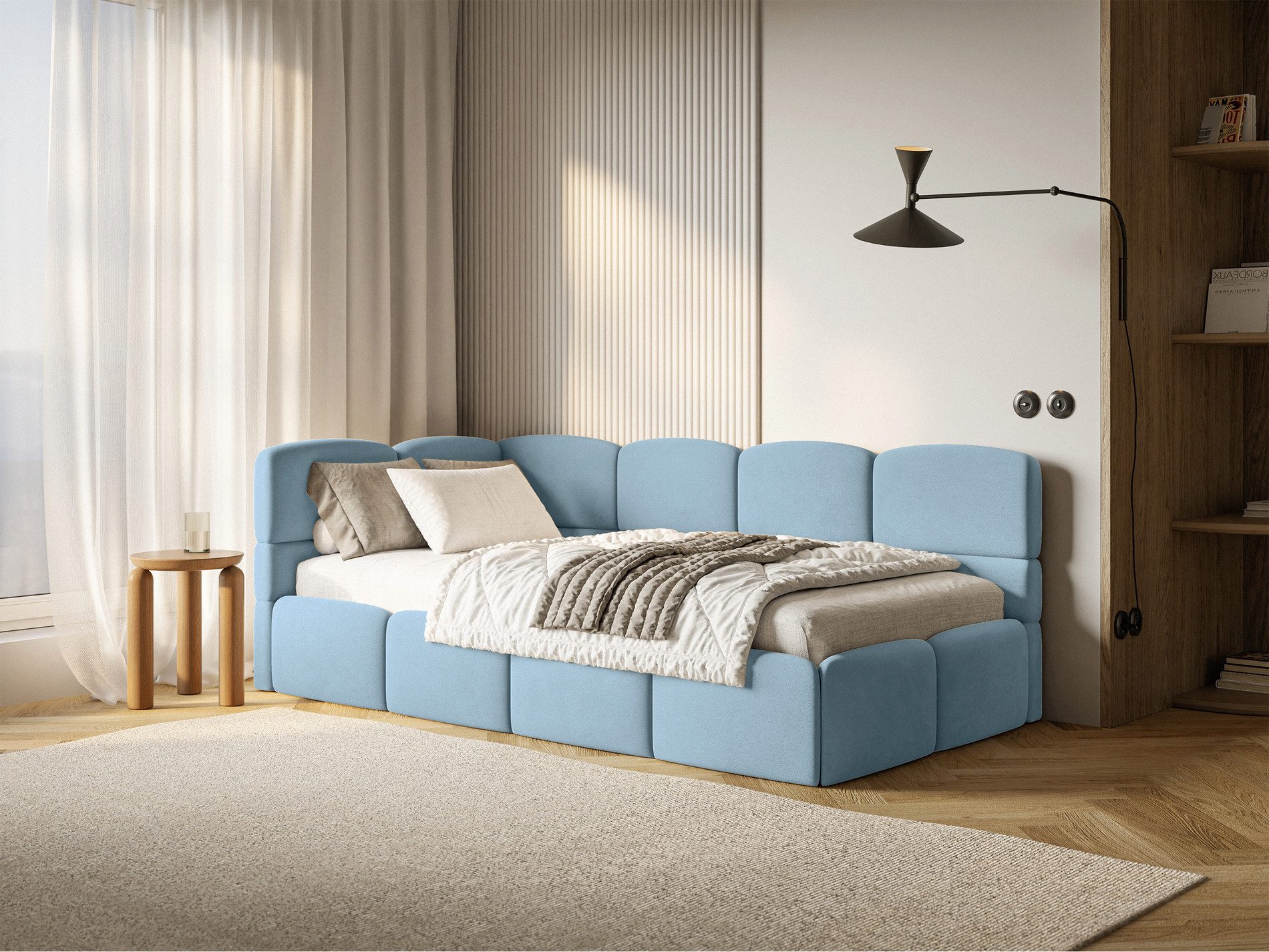Selsey Jugendbett CLOUDY, mit Eck-Kopfteil, Lattenrost, Bettkasten und Easy-Clean-Samt, 90 cm