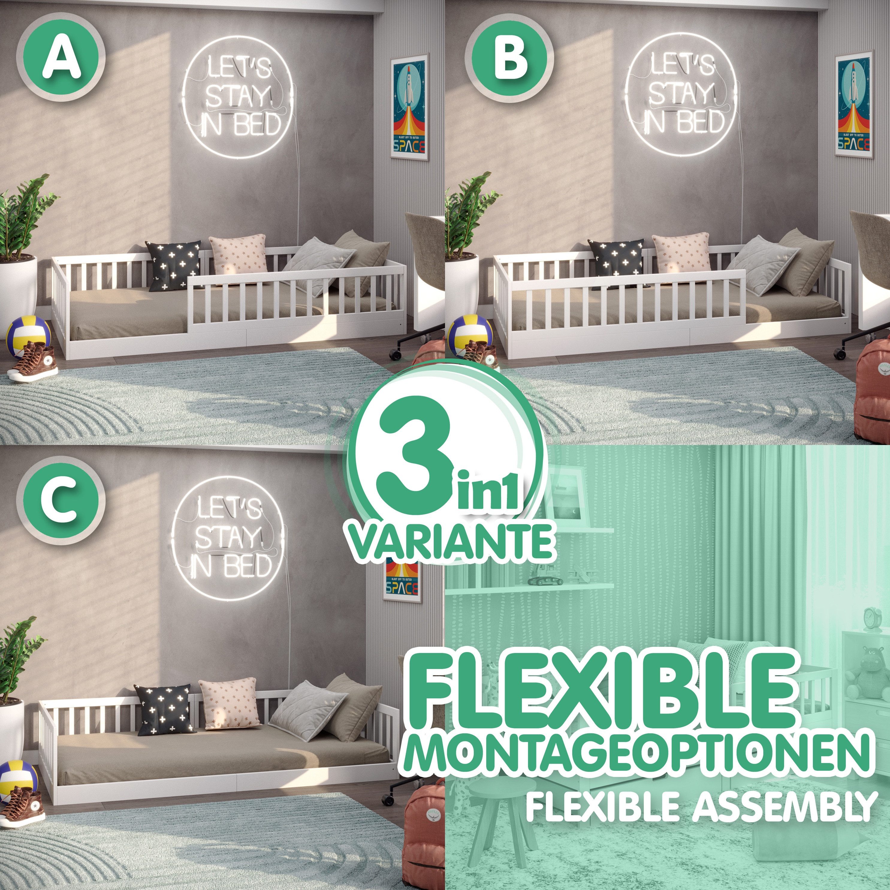 CADANI Kinderbett Timi Bodenbett bis 200 kg belastbar mit abnehmbarem Rausfallschutz (90x200 cm, Montessori Kinder- & Jugendbett aus Kiefer Massivholz), inkl. stabilem Roll-Lattenrost, Weiß