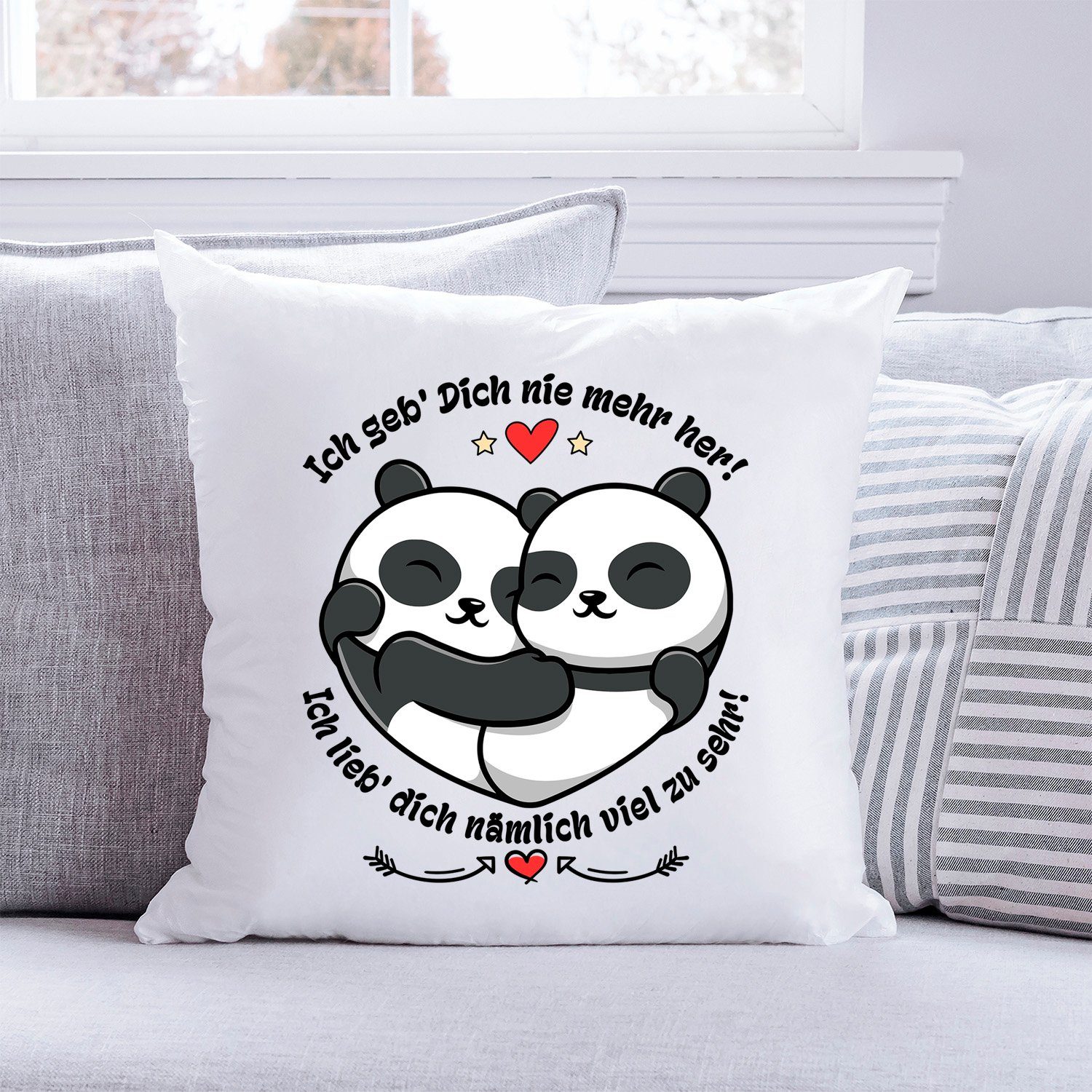 GRAVURZEILE Zierkissen mit Spruch - Ich geb Dich nie mehr her - Geschenk zu Valentinstag -, starke Farben ohne Verblassen, Maschinenwäsche geeignet - mit Füllung