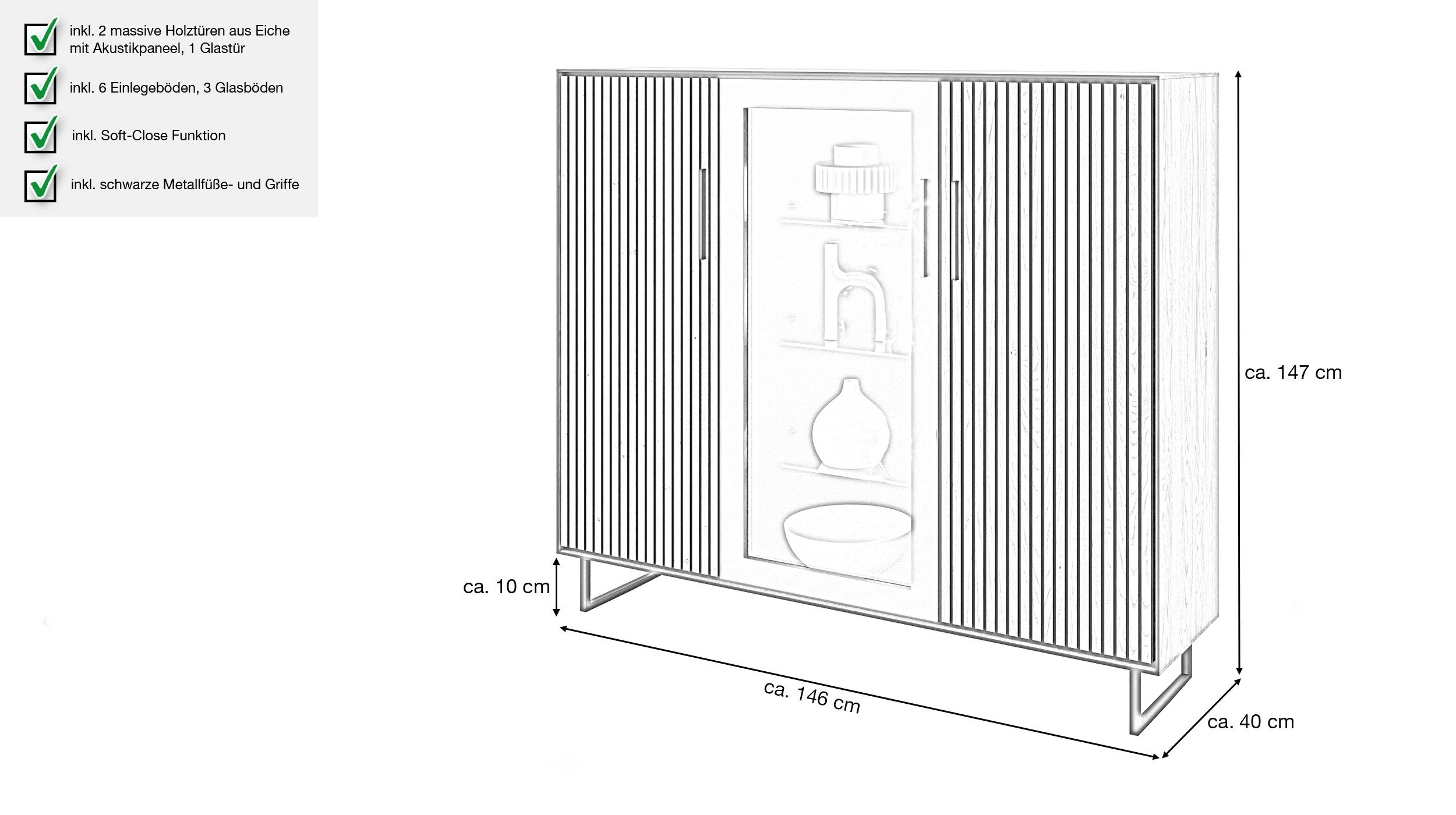 Massivart® Highboard BELLA 146 cm / Massivholz Eiche geölt / Metallgriffe, günstig online kaufen