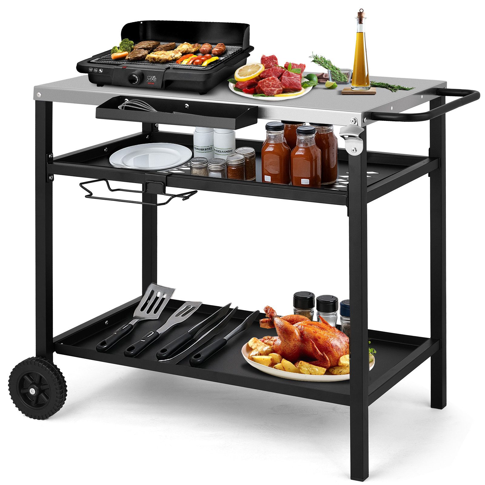 LALAHO Grillablagetisch Grilltisch Outdoor Schreibtisch aus Edelstahl Silber, Beistelltisch mit Rädern und Netzkorb, mobil, 95 x 61 x 83.5 cm