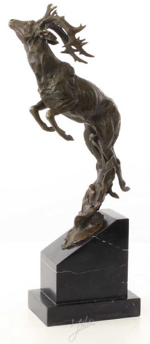 Dekofigur - Padrino Elegante 49,5 Hirsch Marmorsockel mit springender Luxus x 20,4 x 9,9 cm / Schwarz Bronze Bronzefigur Dekofigur H. Casa