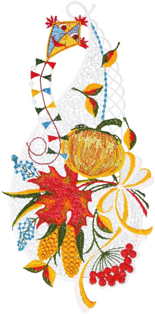 W. Reuter & Sohn - Plauener Spitze® Fensterbild Fensterbild "Kürbis mit Drachen" farbig