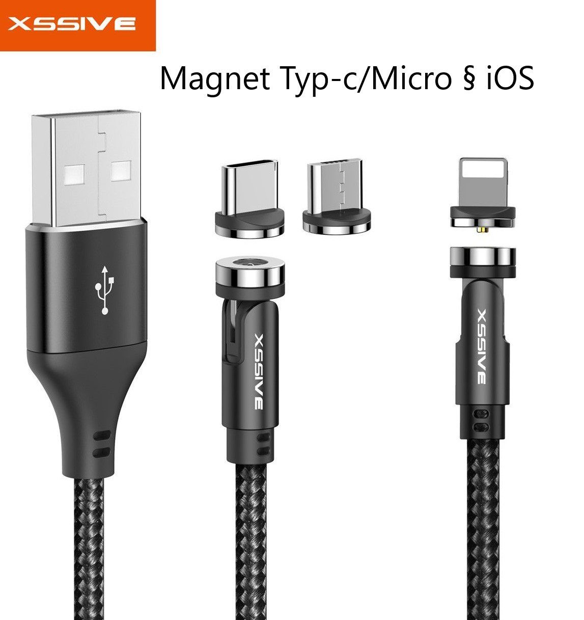 Xssive Charge & Sync Magnet Cable USB to IOS-TYP_C-MICRO Handy -Tablett magnetisches Ladekabel, USB Typ C-Micro, Lightning, Magnetischer Anschluss (100 cm), 2.4A Schnell-Ladekabel