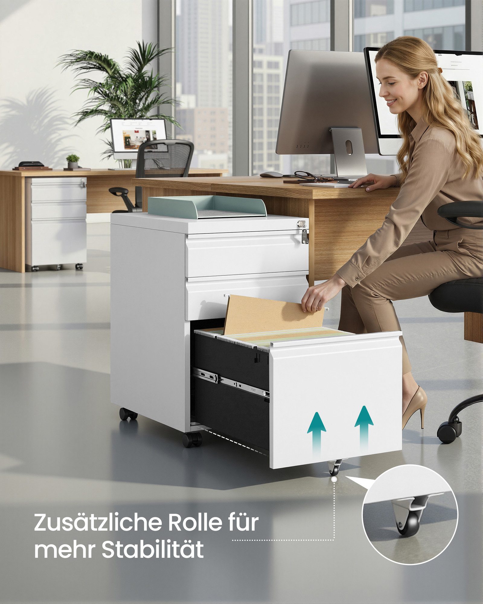 SONGMICS Rollcontainer Aktenschrank mit 3 Schubladen, Metallschrank, Stahl, abschließbar, Druckerständer, für Homeoffice, Büro