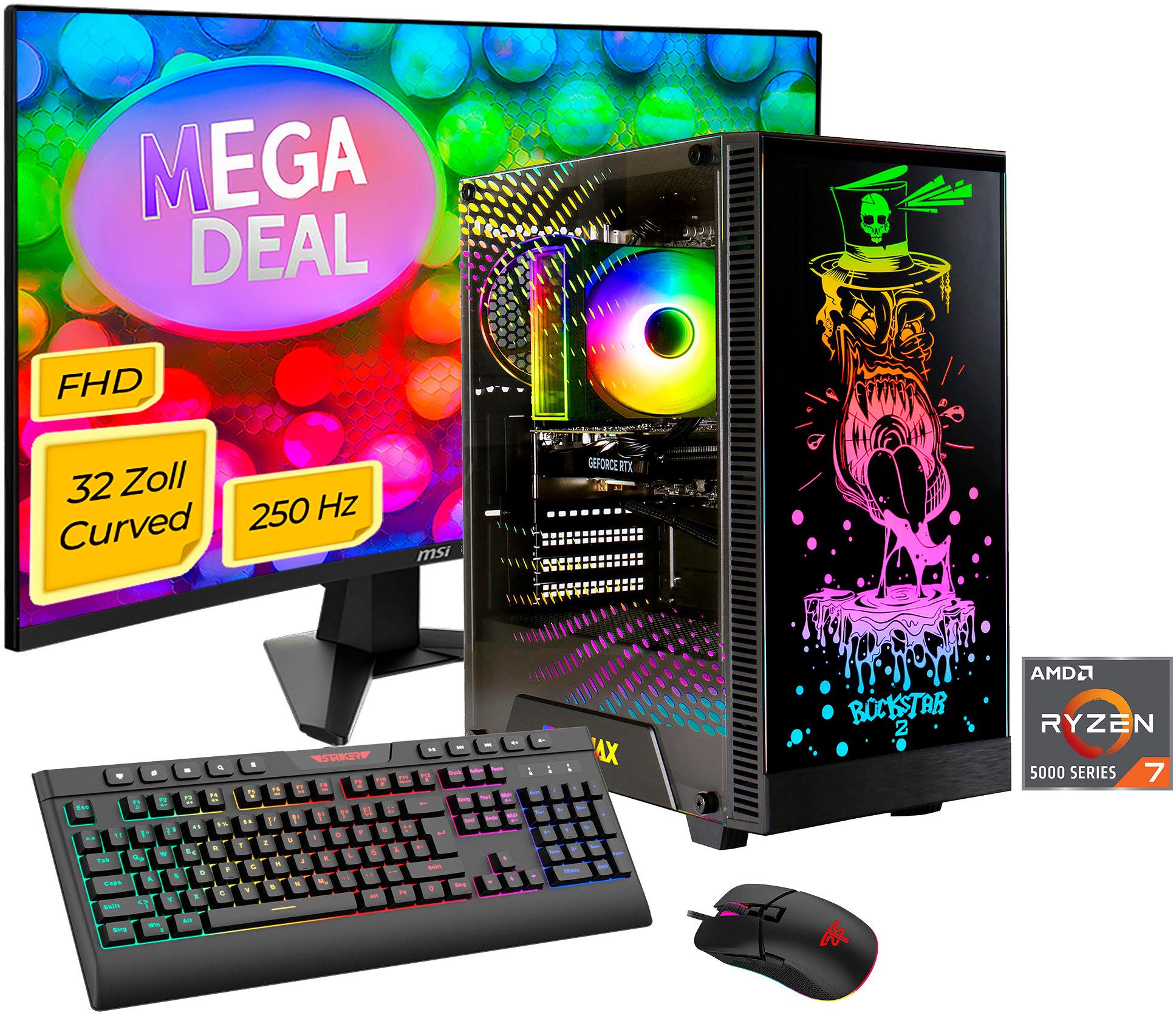 GAMEMAX MegaDeal Rockstar 2872 AMD Ryzen 7 5700X 32GB 1TB SSD RTX 5060 Gaming-PC-Komplettsystem (32", AMD Ryzen 7 5700X, RTX 5060, 32 GB RAM, 1000 GB SSD, Windows 11 + MSI MAG 32C6X Curved Monitor 80cm (32)