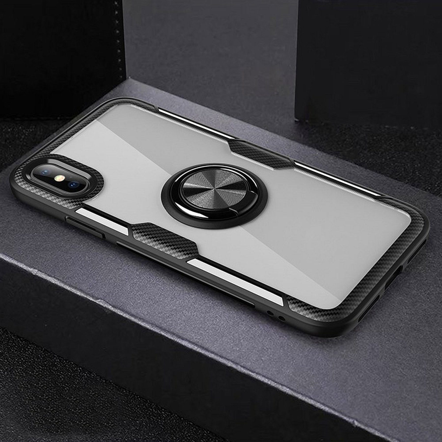 cofi1453 Bumper Premium Handy Hülle Carbon Transparent Bumper drehbarer Ring 360 Gra