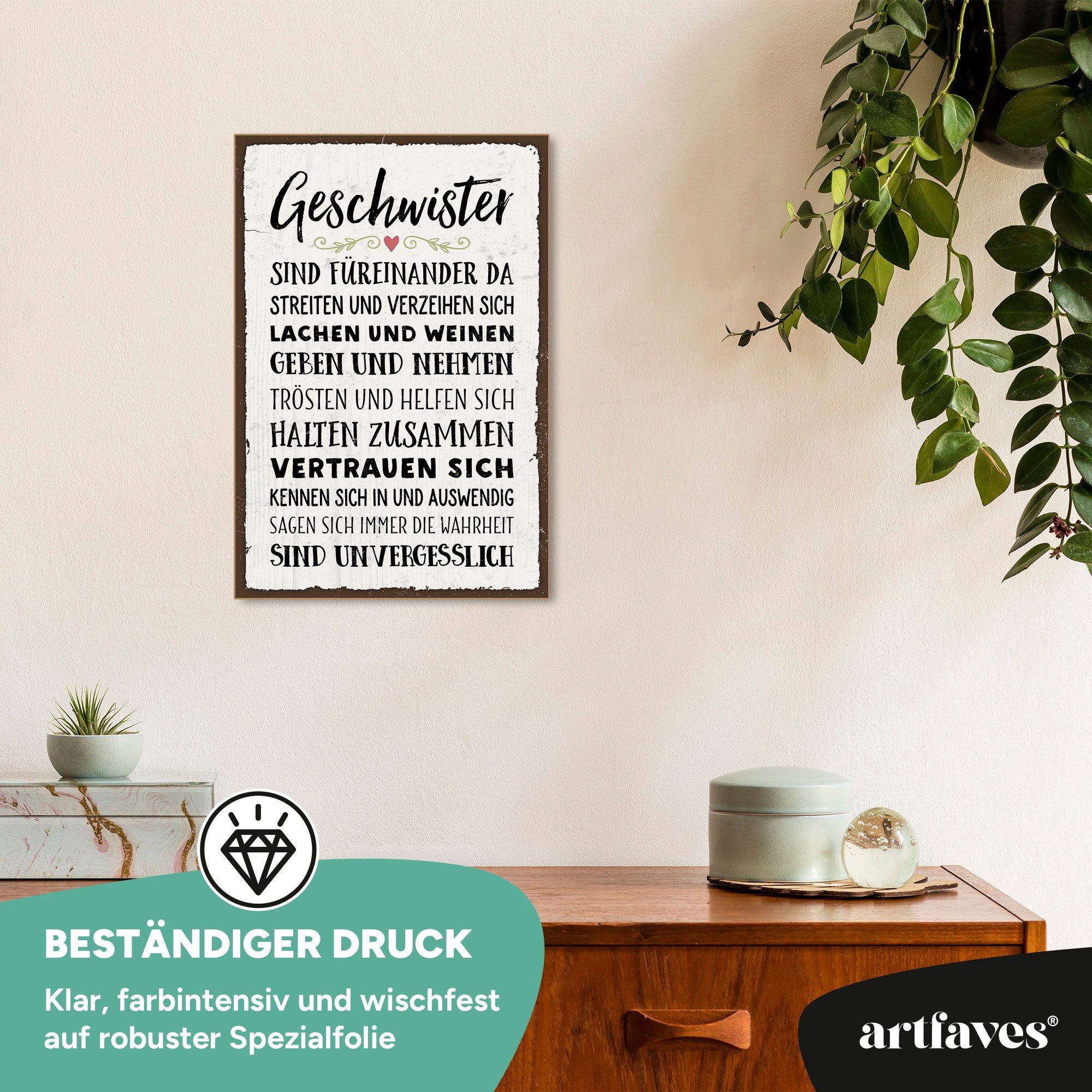 ARTFAVES Holzbild Schild mit Spruch - GESCHWISTER SIND FÜREINANDER DA - Familie, Zuhause