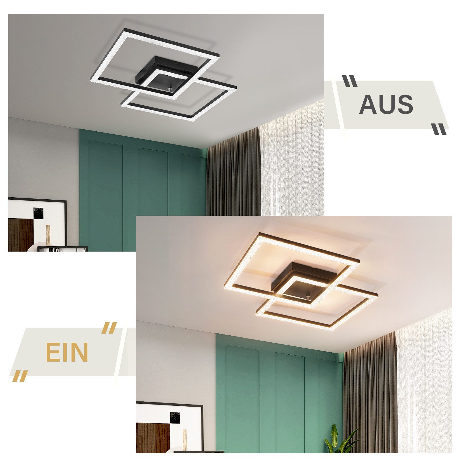 Nettlife LED Deckenleuchte Flur Wohnzimmer Schwarz modern Kristall Deckenlampe 12/24W, LED fest integriert, Warmweiß, Kristalle 24W 34*34*7cm für Wohnzimmer Flu – Bild 4 von 5