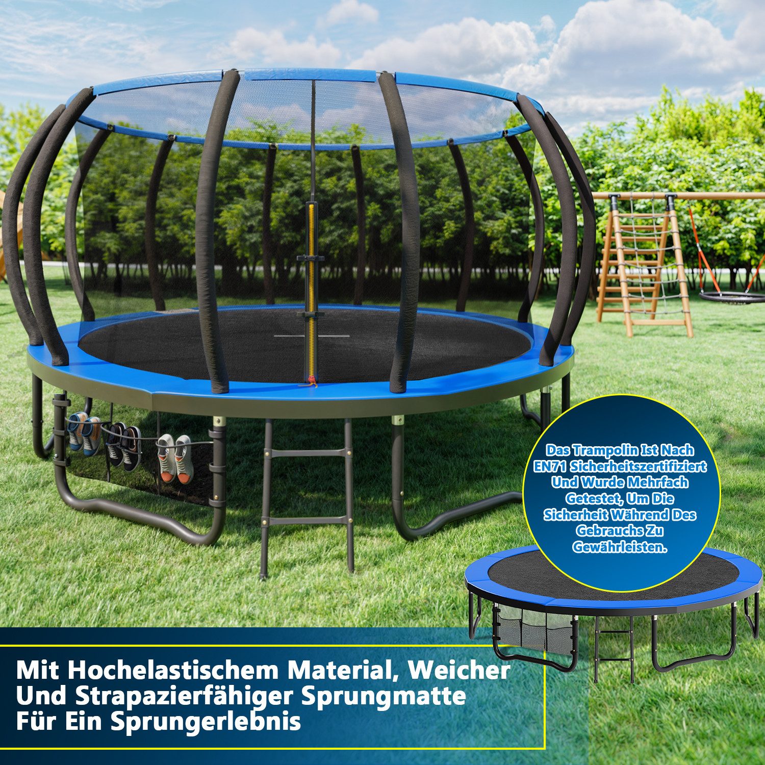GUNJI Gartentrampolin Gartentrampolin für Kinder 228/305/366/427CM, Tragfähigkeit 150KG, Ø 427 cm, (228 cm, (GS-zertifiziertes Kindertrampolin mit Sicherheitsnetz, Leiter, Schutzmatte, Kürbisdesign)-ostern geschenke)
