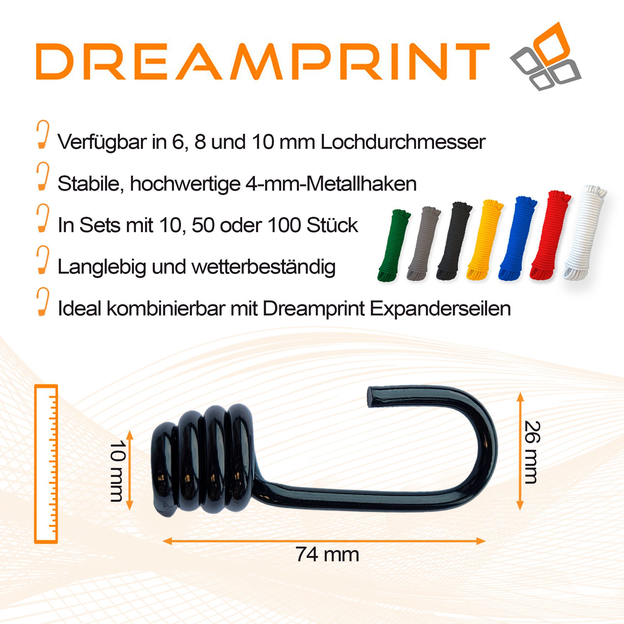 Dreamprint Seil 50 x Spiralhaken ø 10mm - Expanderhaken/ Planenhaken