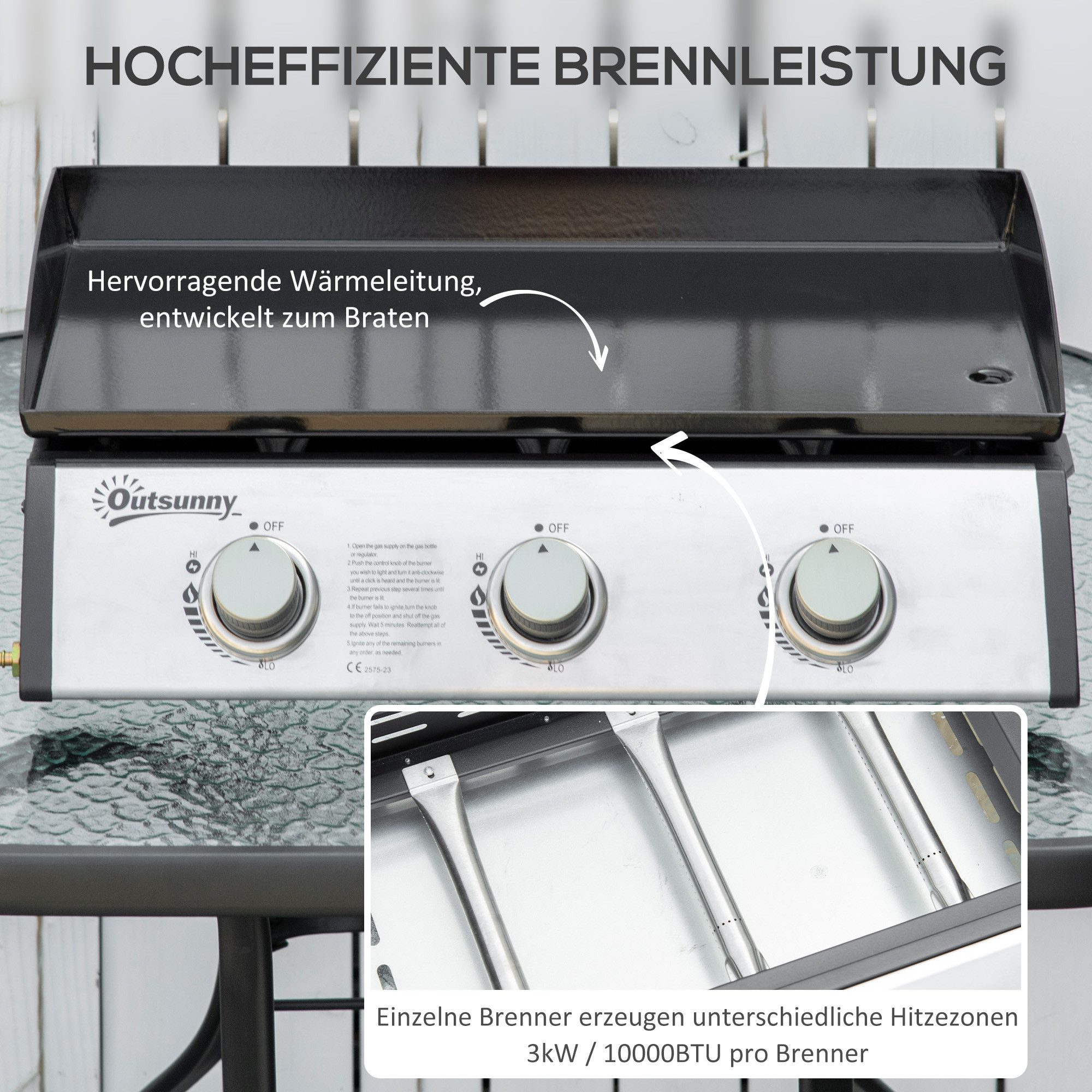 kowdom Gasgrill Kompakter Gasgrill 3 Brenner mit Plancha für Balkon & Camping, Standgrill, Herausnehmbarer Fettauffangbehälter, verstellbare Füße
