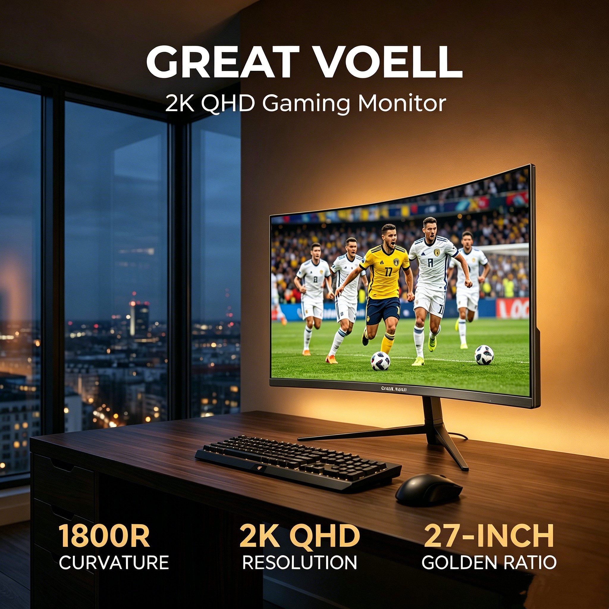 Great Voell 27 Zoll Curved Gaming Monitor, 165Hz, HDR10, 2K QHD 1440P Gaming-Monitor (68,58 cm/27 ", 2560x1440 px, QHD, 1 ms Reaktionszeit, 165 Hz, VA LED, 16:9, HDMI & DisplayPort, AMD FreeSync, 1440px, HDR10, 165Hz)