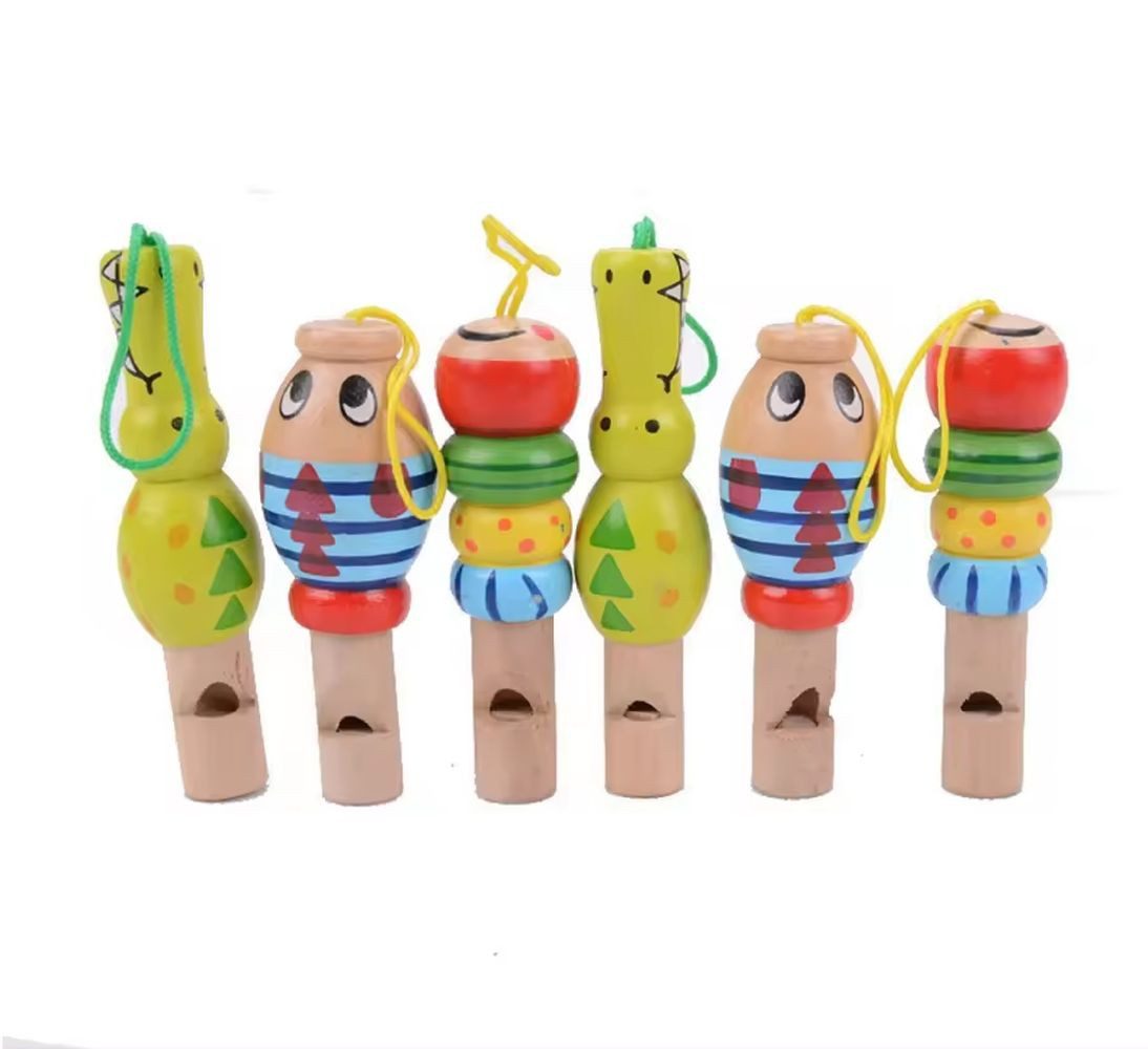 Spielzeug-Musikinstrument Set mit 6 Pfeifen, Tiere aus Holz bunt sortiert - 7941