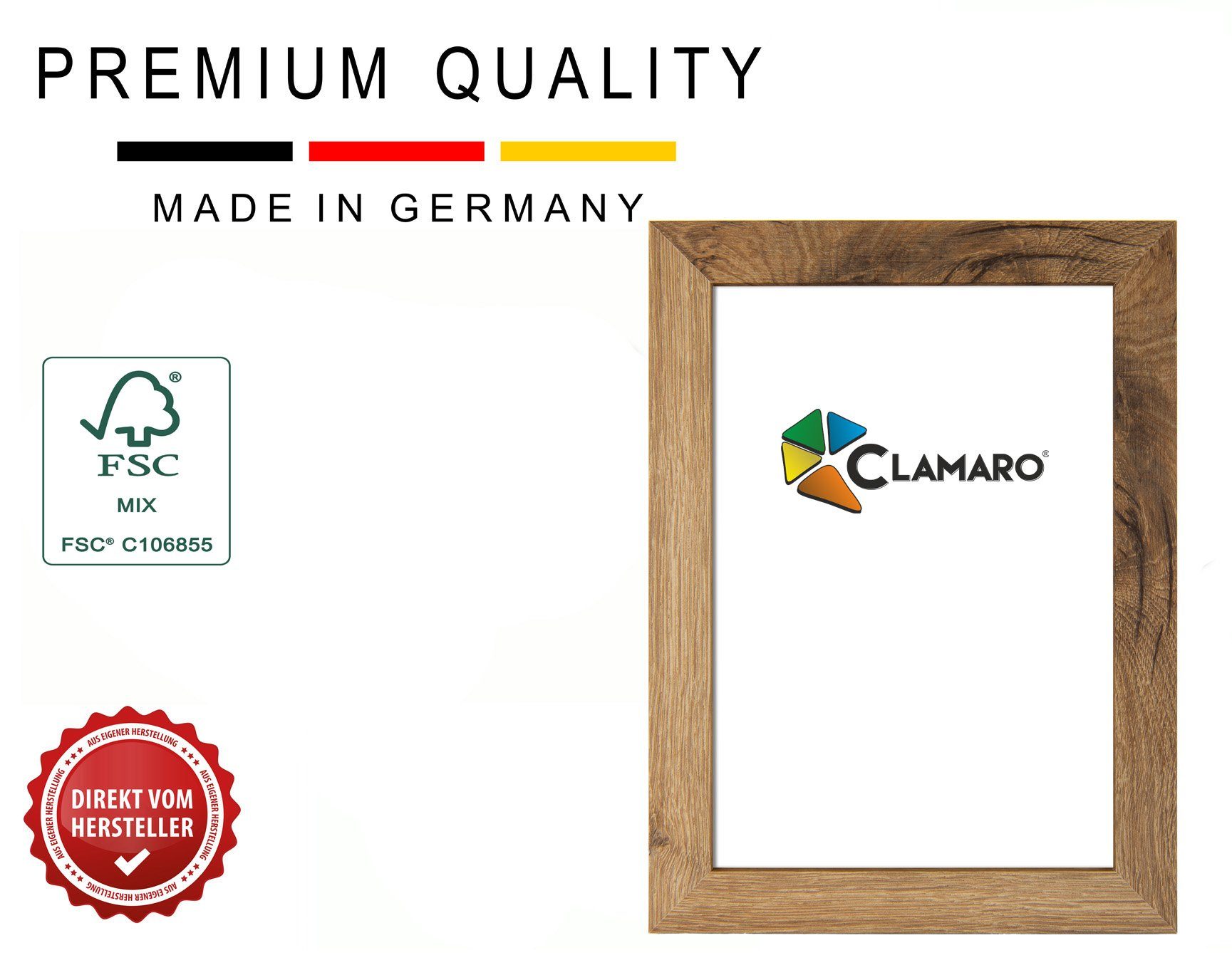 Clamaro Rahmen, Bilderrahmen CLAMARO Aufhänger und 'Collage' FSC® Rückwand Holz DIN eiche Acrylglas, altholz MDF inkl. Rahmen