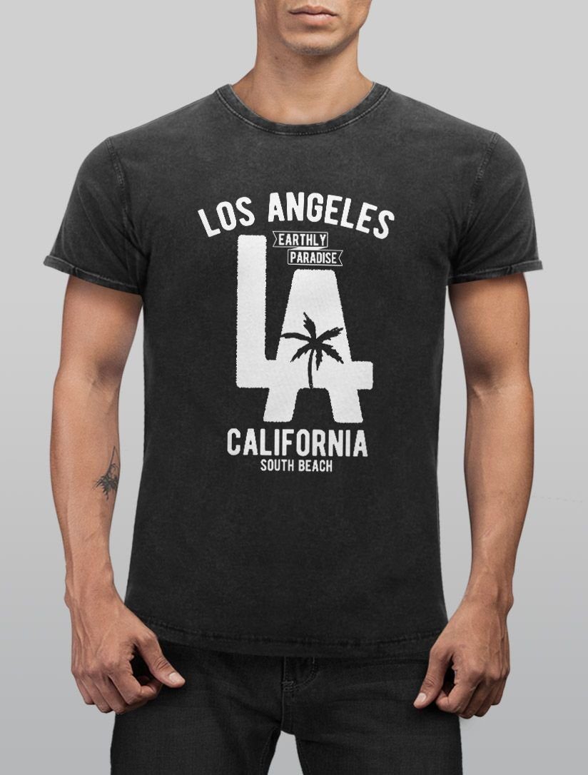 Look Angesagtes Neverless® Los Print Cooles T-Shirt Fit Print-Shirt schwarz Slim LA Neverless Used Shirt mit Herren California Angeles Vintage Aufdruck