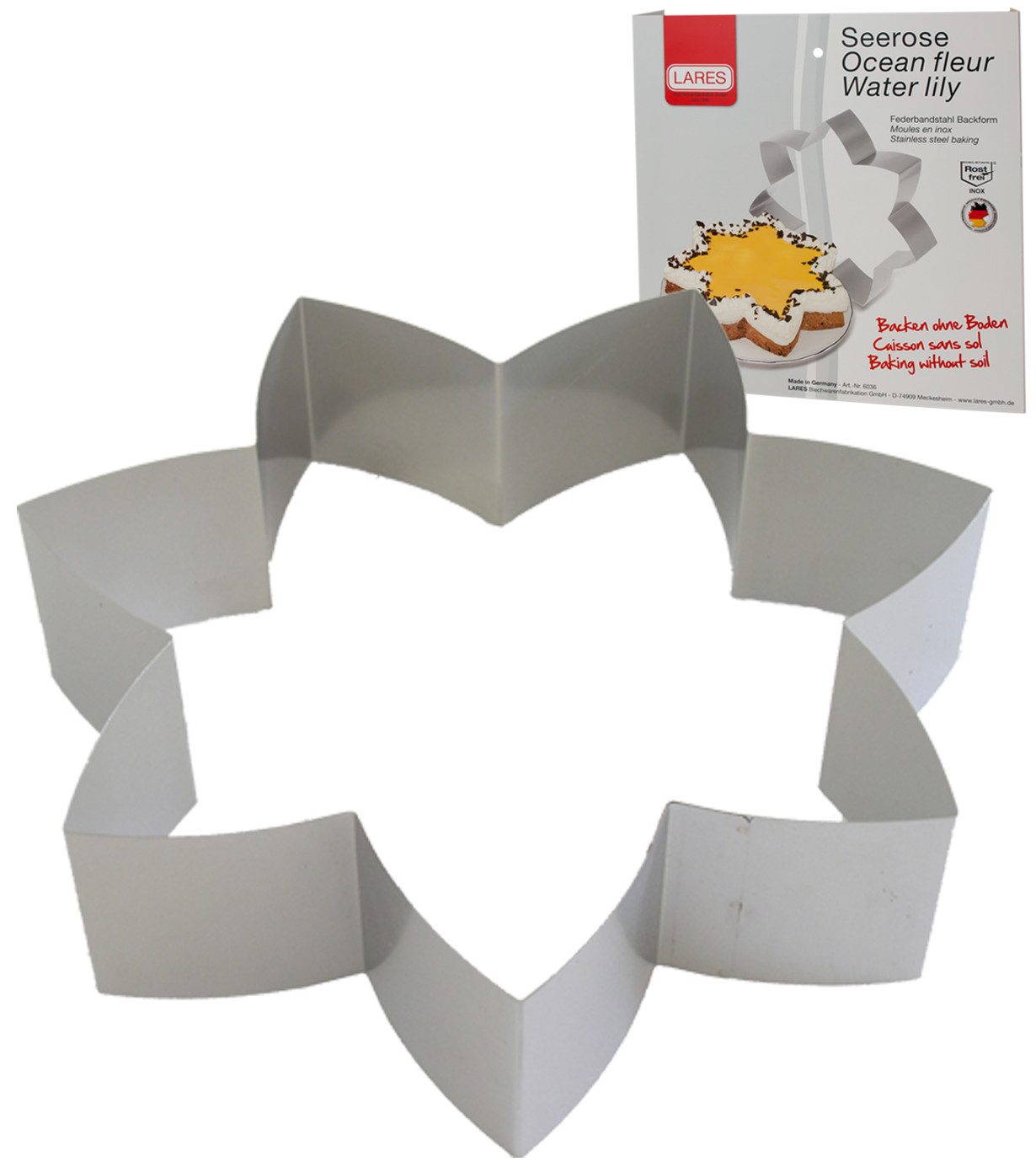 LARES Backform Seerose mit 7 Bögen - aus rostfreiem Edelstahl - 7 x 27cm - zum Backen, spülmaschingeeignet - Federbandstahl zur Formhaltung - Made in Germany