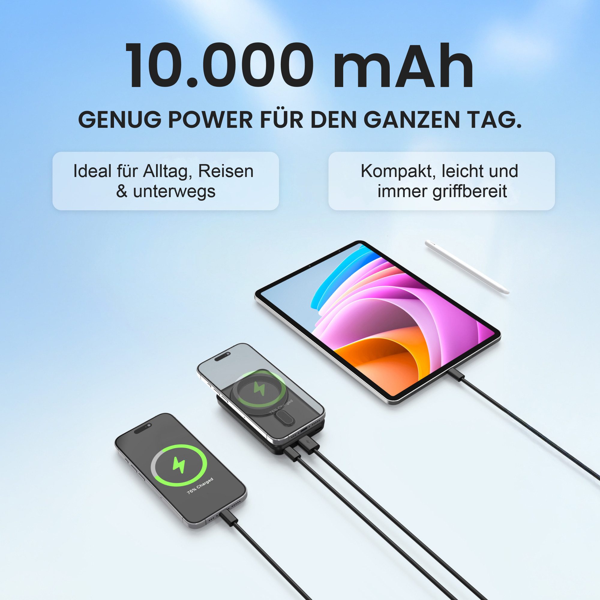 VIESTA 10.000mAh Rot USB-C Wireless Charger QC 22,5W & PD 20 W Fast Charging Powerbank, USB-A, Lightning-Eingang, LED-Anzeige, ABS-Gehäuse, kompakt, leicht – Bild 2 von 5