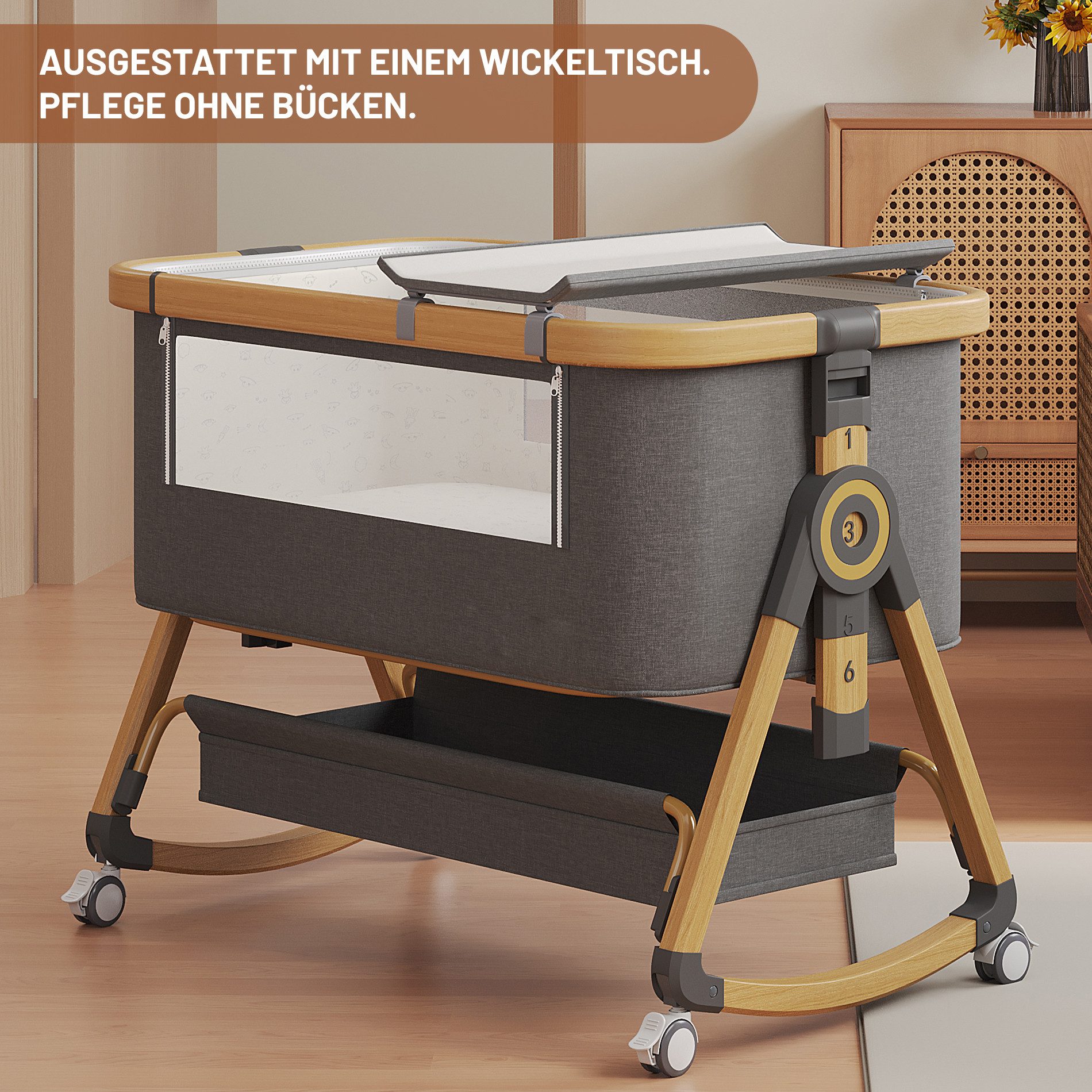 oyajia Beistellbett 3 in 1 Beistellbett Stubenwagen Babybett Baby-Reisebett, 6-stufige Höhenverstellung, mit Rollen, Matratze und Moskitonetz