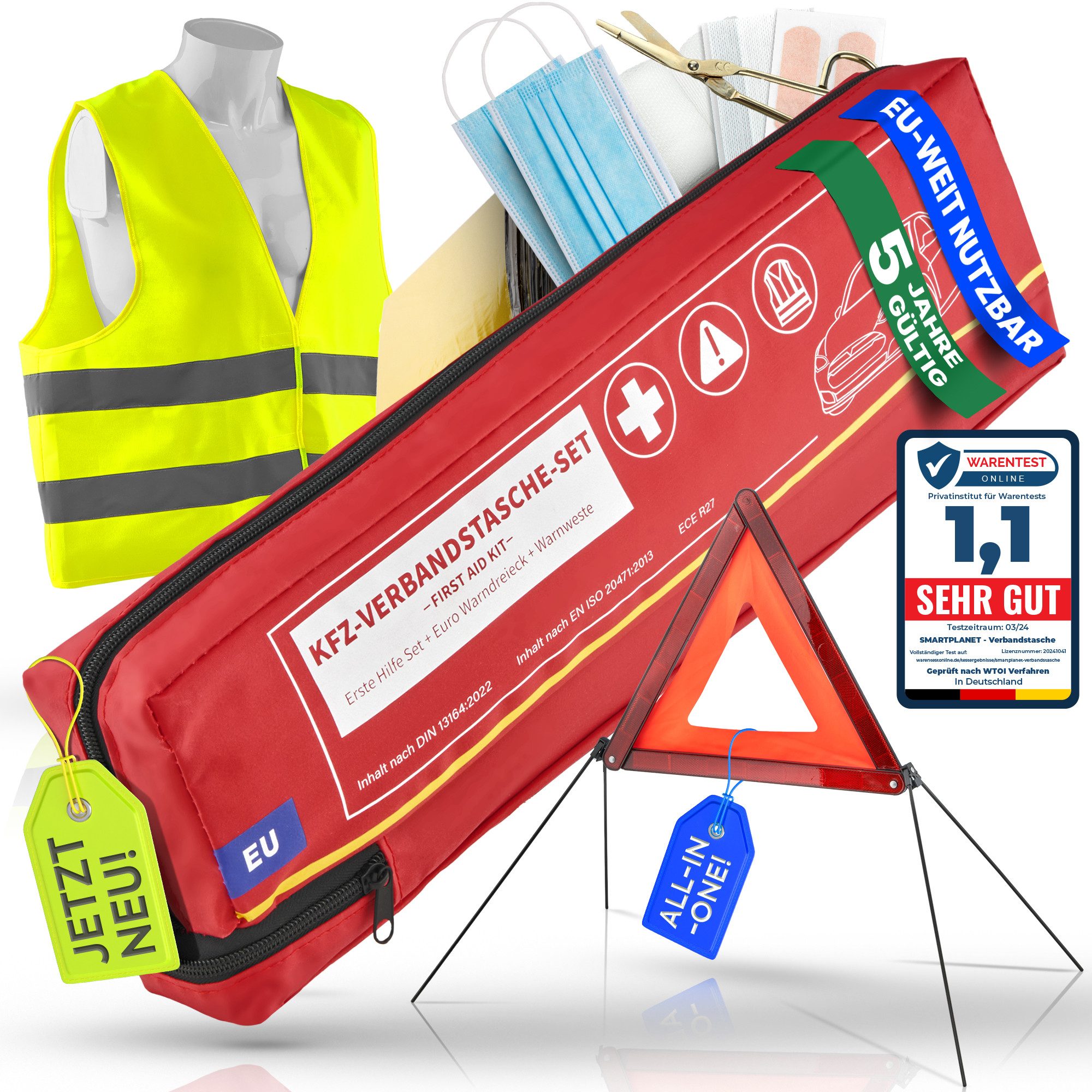 Smart-Planet KFZ-Verbandtasche KFZ-Verbandtasche KFZ Verbandskasten inkl. Warndreieck & Warnweste, (45 St), DIN 13164:2022