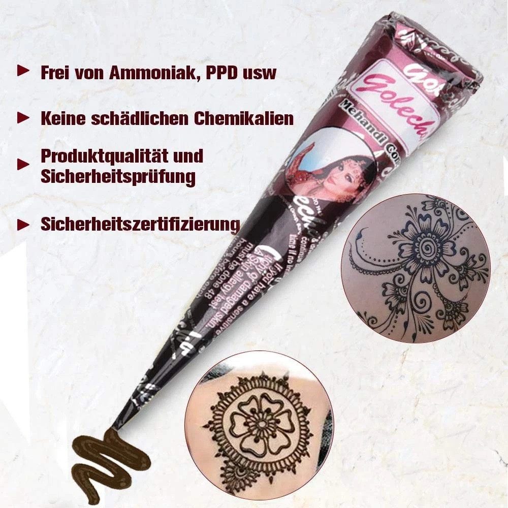 Golecha Schmuck-Tattoo 6x Golecha 100% Natural Henna Paste Cones Kegel (Rot-Braun) No Mix, 6-tlg., 6 Henna Kegel je 25 Gramm, Rein Pflanzlich