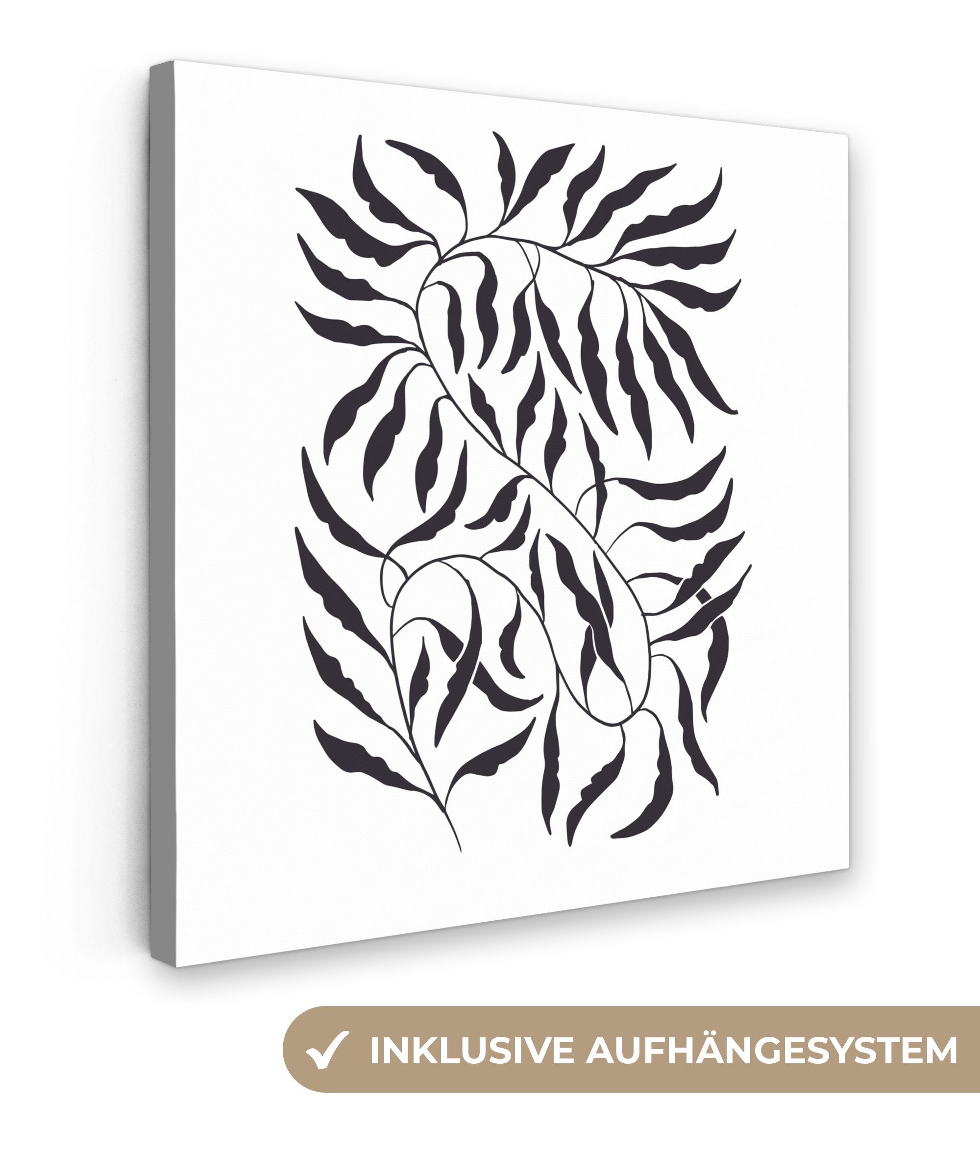 OneMillionCanvasses® Leinwandbild Blätter - Pflanzen - böhmisch - weiß - abstrakt, (1 St), Leinwand Bilder für Wohnzimmer Schlafzimmer, 20x20 cm