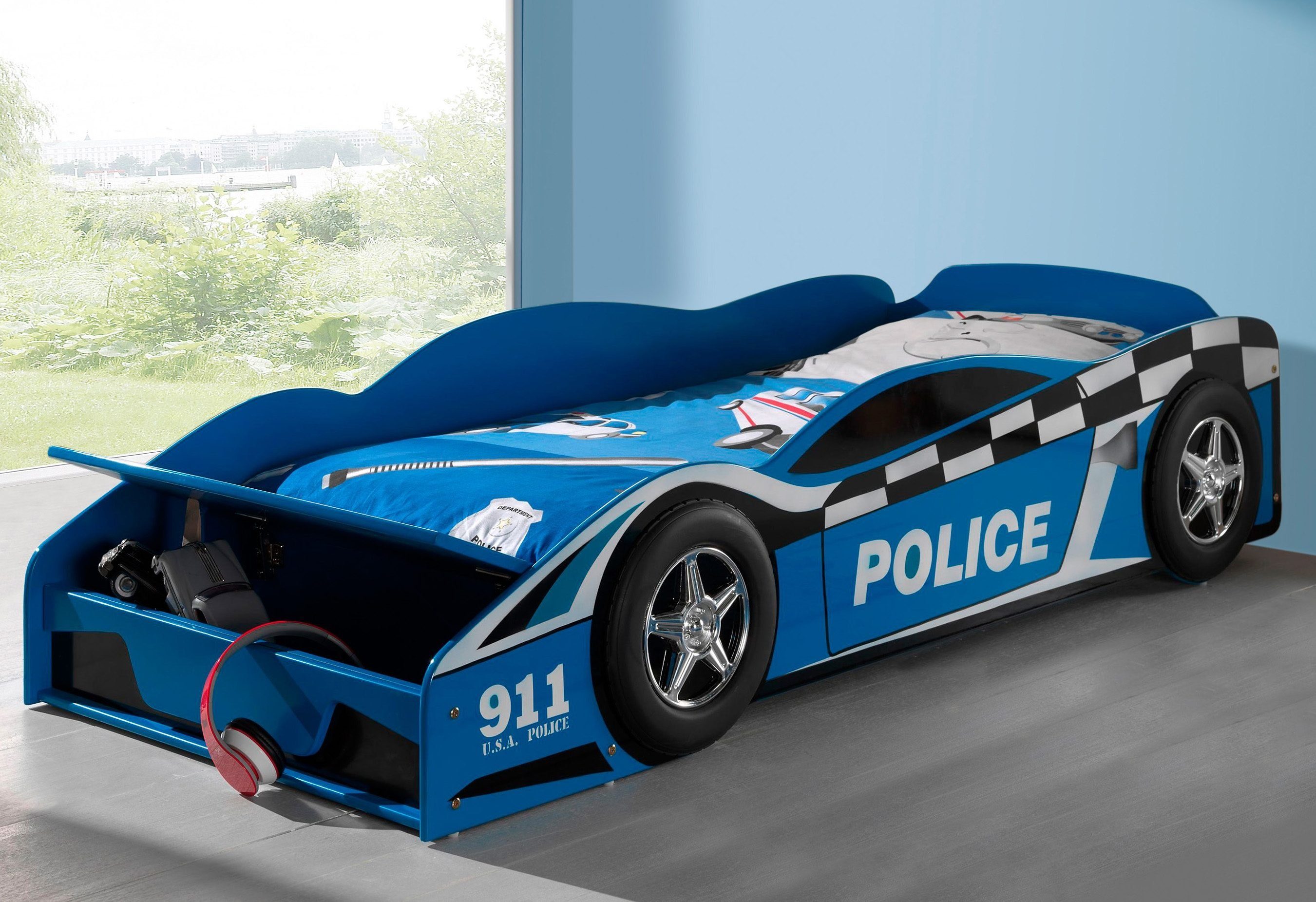 Vipack Autobett Police, inkl. Stauraum vorne, mit Lattenrost, MDF lackiert (B/H/T ca. 175x48x78cm, seitliche Räder sind geststehend), ein Highlight im Kinderzimmer