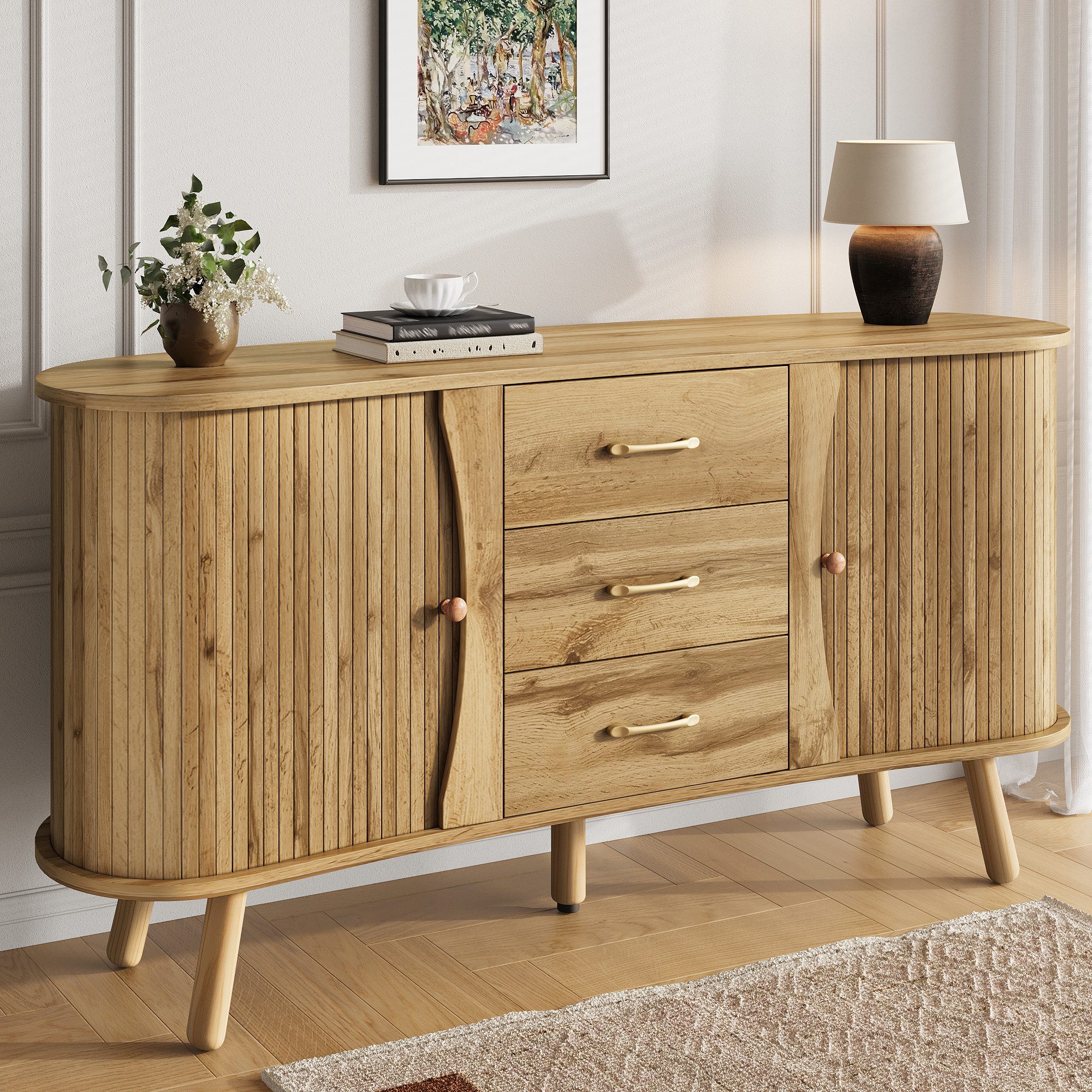 Merax Sideboard Erbsenform mit Rillenoptik, Wohnzimmerschrank in Holzoptik (150 x 36,5 x 75 cm, 1 St), Kommode mit 2 Schiebetüren,3 …