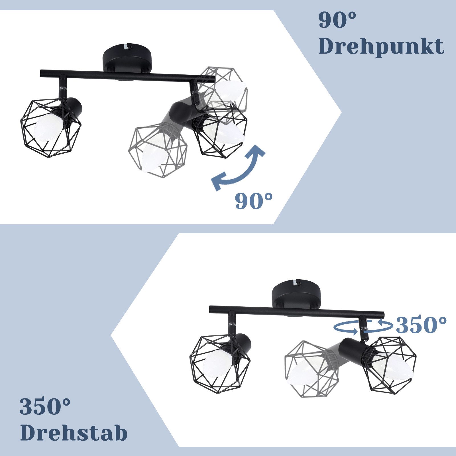Nettlife Deckenstrahler Wohnzimmer Vintage Schwarz 2/3/4/5 Flammig E14 Industrial, Schwenkbar 350°, LED wechselbar, drehbar für Wohnzimmer Flur Esszimmer und weitere Wohnräume