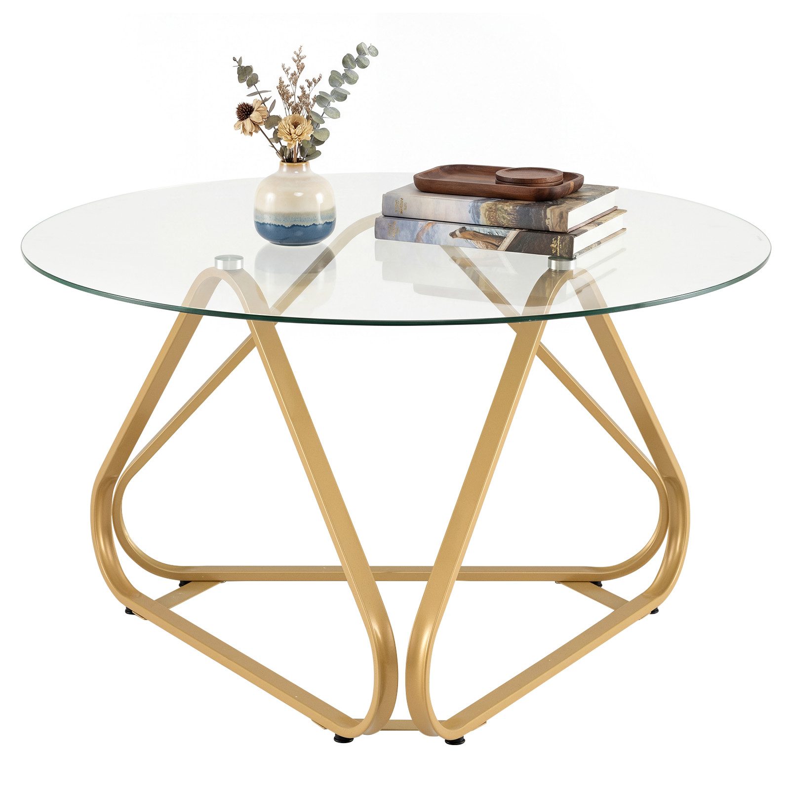 COSTWAY Couchtisch, rund Wohnzimmertisch aus gehärtetem Glas & Metallrahmen