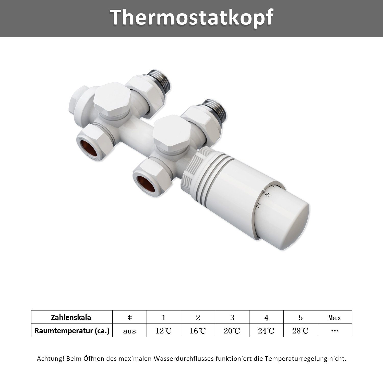und 50mm Thermostatkopf, Eck- 1/2", Weiß Set Thermostatkopf, Heizkörperthermostat Anschlussarmatur mit für ELEGANT Heizkörper G 50mm Durchgangsform 1/2" Multiblock G mit
