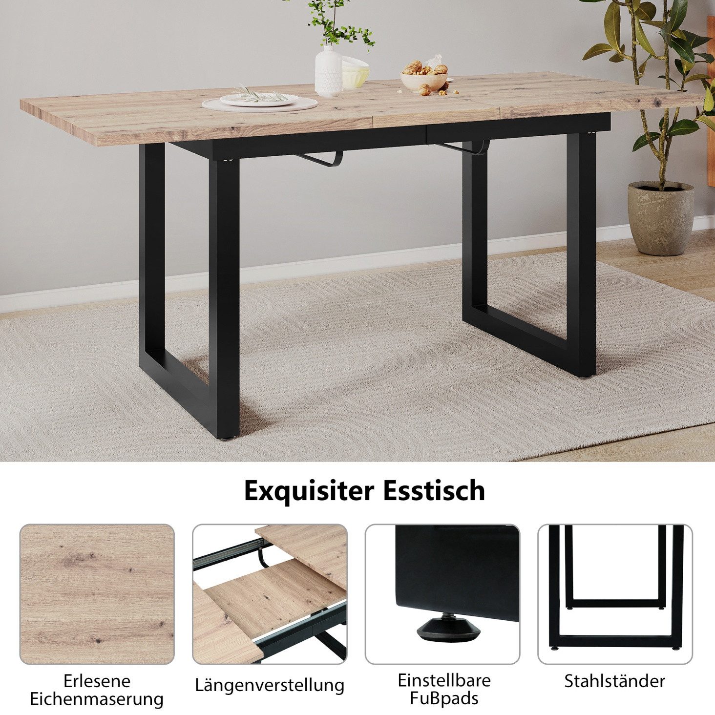 IDEASY Esstisch Erweiterbarer Esstisch Industriestil - Moderner Tisch aus Eisen & MDF (Längenverstellbar (140-180 cm), Stahlrohrrahmen), MDF-Platte, einfache Montage in 20 Minuten