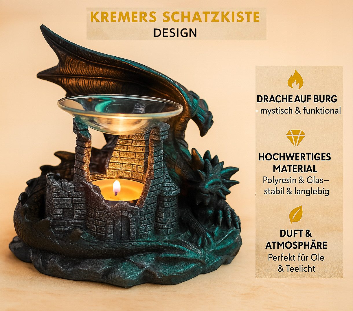 Kremers Schatzkiste Teelichthalter Duftlampe Drache 22 cm Aromalampe Burgruine Teelichthalter Polyresin
