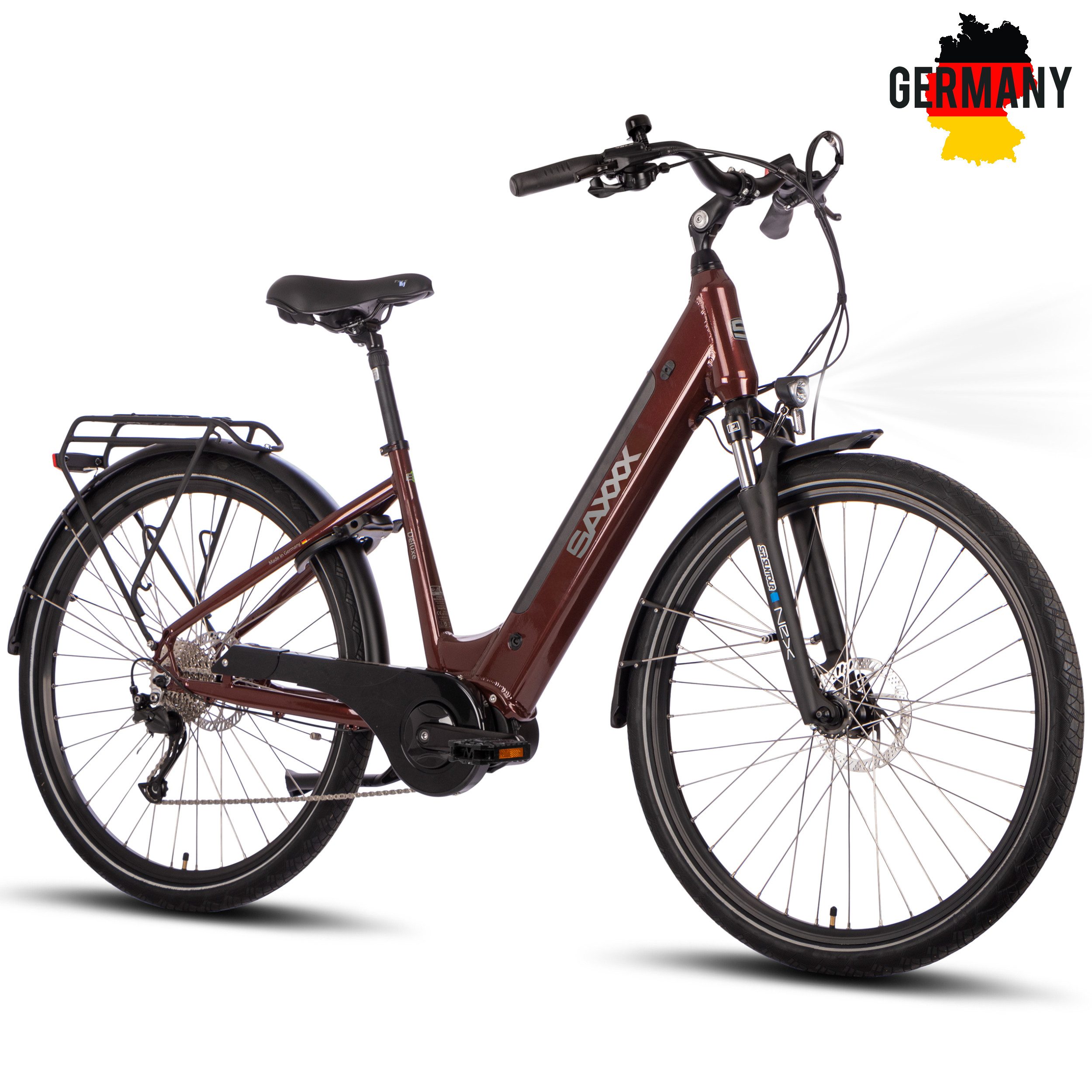 SAXXX E-Bike Trekkingrad Damen u. Herren 28'' SAXXX DSW, 418Wh, 250W Mittelmotor, max. 100km, 9 Gang Shimano Alivio Schaltwerk, Kettenschaltung, Mittelmotor, 418 Wh, (mit Akku-Ladegerät, mit Akku-Schlüssel, mit Rahmenschloss), Federgabel, Gepäckträger, hydraulische Scheibenbremsen, E-Trekkingrad