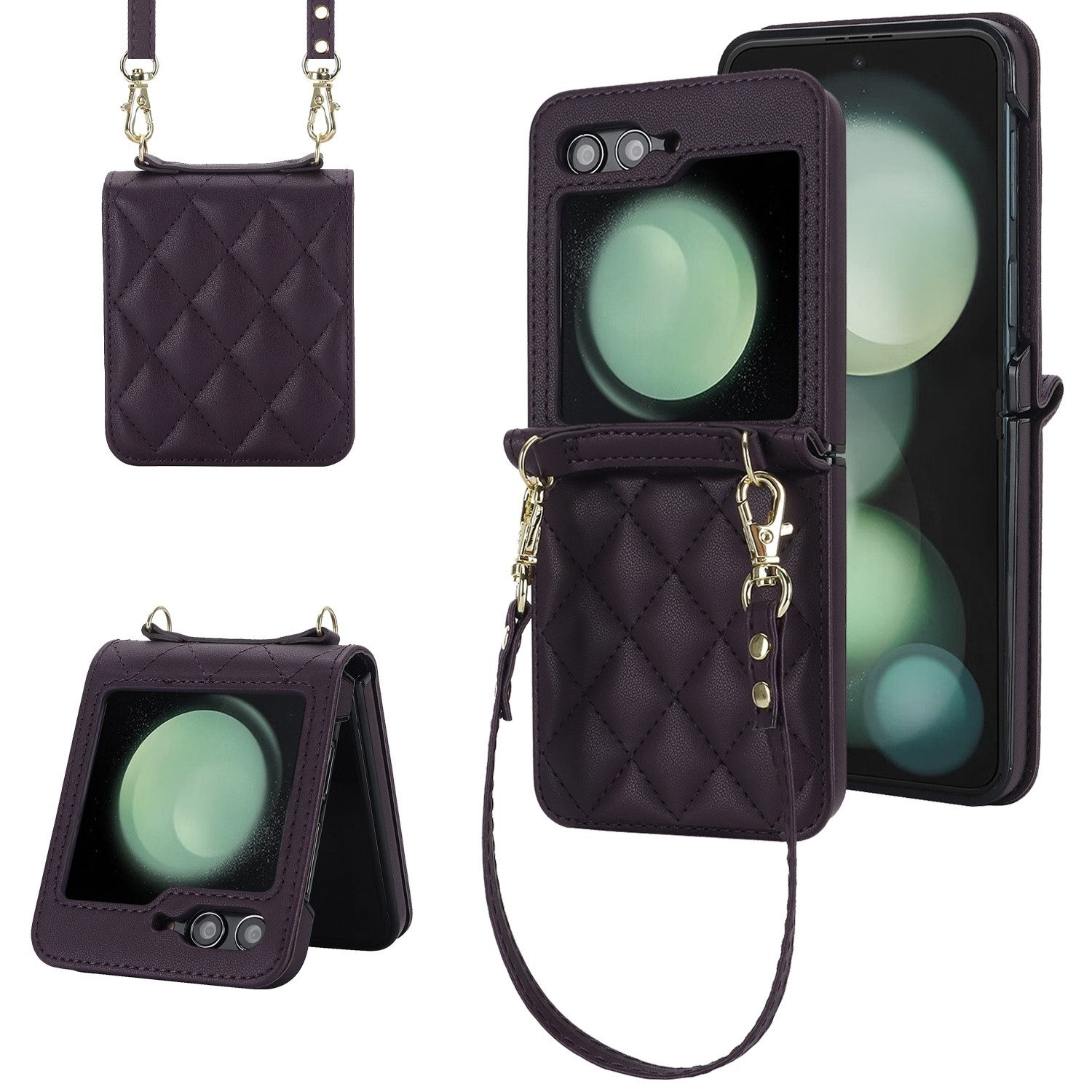 Wigento Handyhülle Für Samsung Galaxy Z Flip7 Design Schutz Hülle Rhombus Textur Lila, Schutzhülle mit Rhombus-Textur und Lanyards