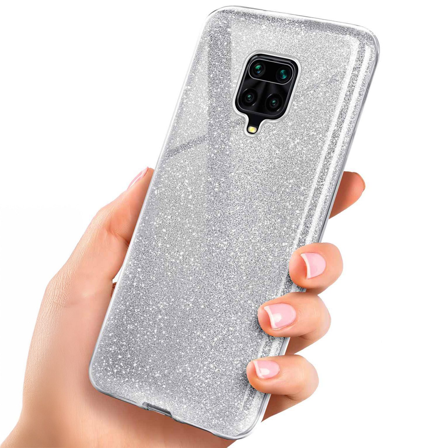ONEFLOW Handyhülle für Redmi Note 9 Pro Glitzer Hülle Glitter Case Silber 6,67 Zoll, Hülle Glitzernd Dünne Schutzhülle mit Kameraschutz Frauen Glitzerhülle